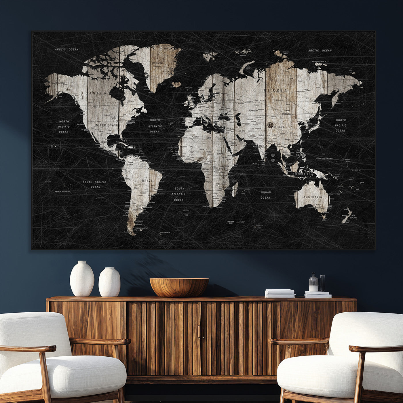 89998-MGV-CV-36X24-Rustic Black and Wood World Map Canvas Wall Art – Framed Push Pin Travel Map for Home and Office Decor, Modern Vintage Wall Artwork