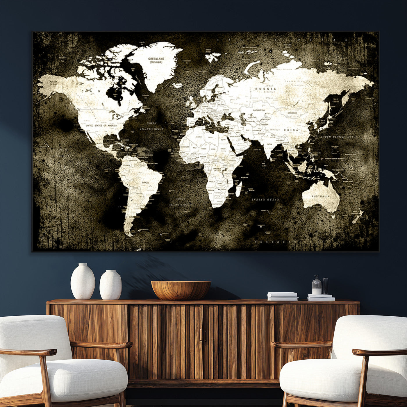 66737-MGV-CV-36X24-Vintage World Map Canvas Wall Art – Framed Push Pin Travel Map for Home and Office Decor, Rustic Wall Artwork for Travelers