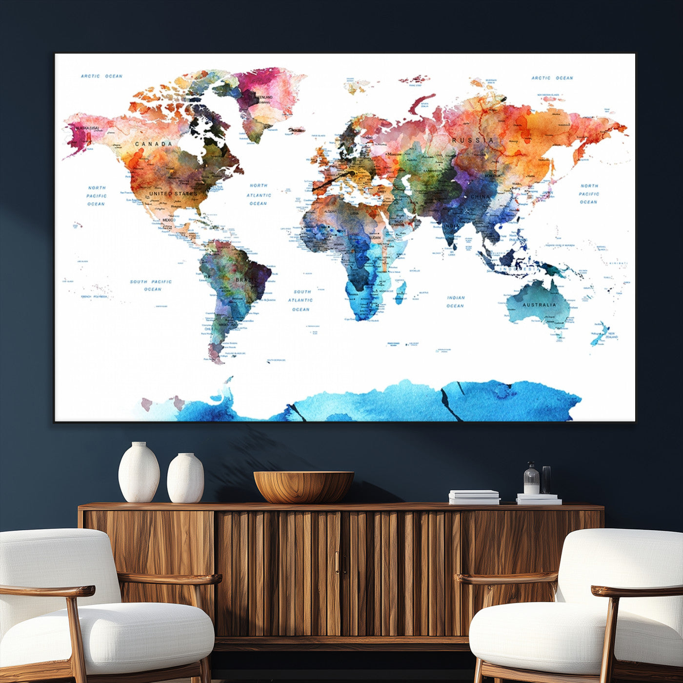 11576-MGV-CV-36X24-Vibrant Watercolor World Map Canvas Wall Art – Framed Push Pin Travel Map for Home and Office Decor, Modern Colorful Wall Artwork