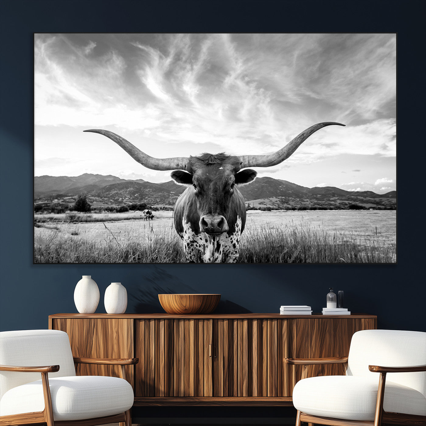 79527-MGV-CV-36X24-Longhorn Black and White Wall Art – Rustic Western Bull Canvas Print, Farmhouse Country Decor for Living Room, Office or Ranch, Cowboy Wall Artwork