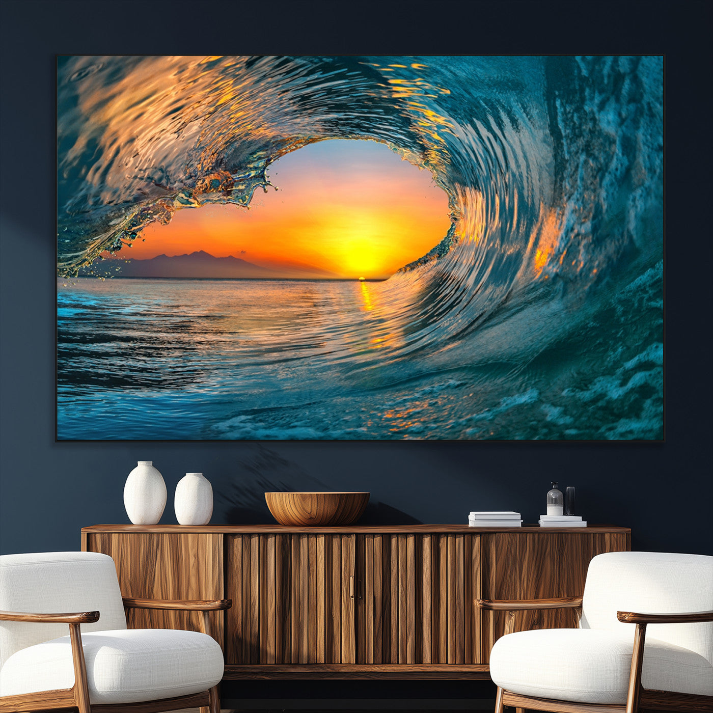 84279-MGV-CV-36X24-Ocean Wave Sunset Wall Art | Large Coastal Wave Canvas Print | 3-Panel Ocean Sunset Seascape for