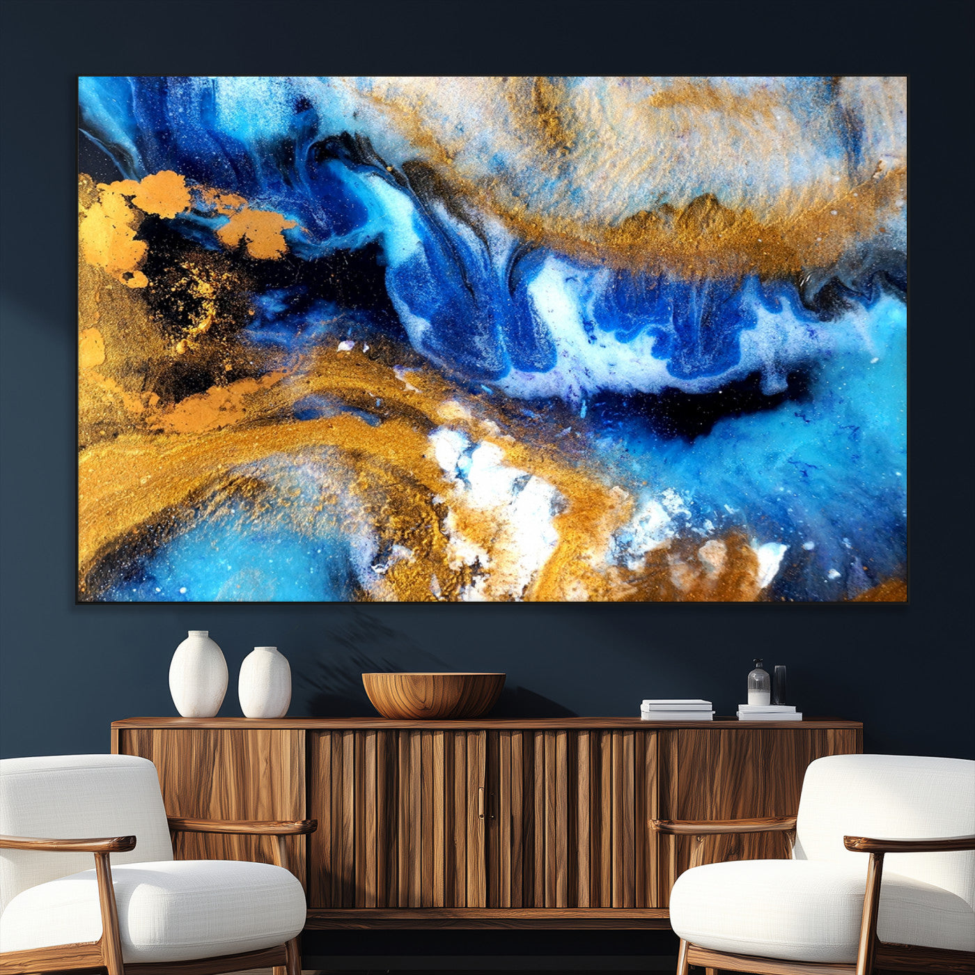 42100-MGV-CV-36X24-Blue Orange Marble Fluid Effect Canvas Wall Art Print