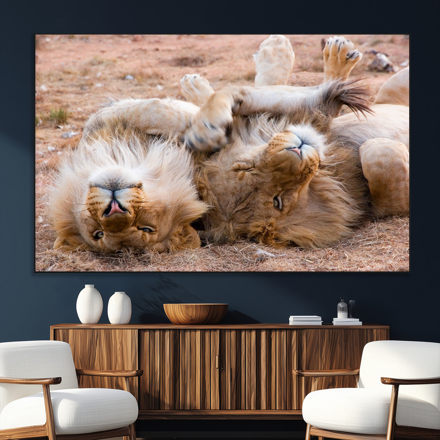 -Lion Pair Wall Art Canvas Print – Framed Wildlife Scene with Playful Lions Artwork for Home, Office, Living Room
