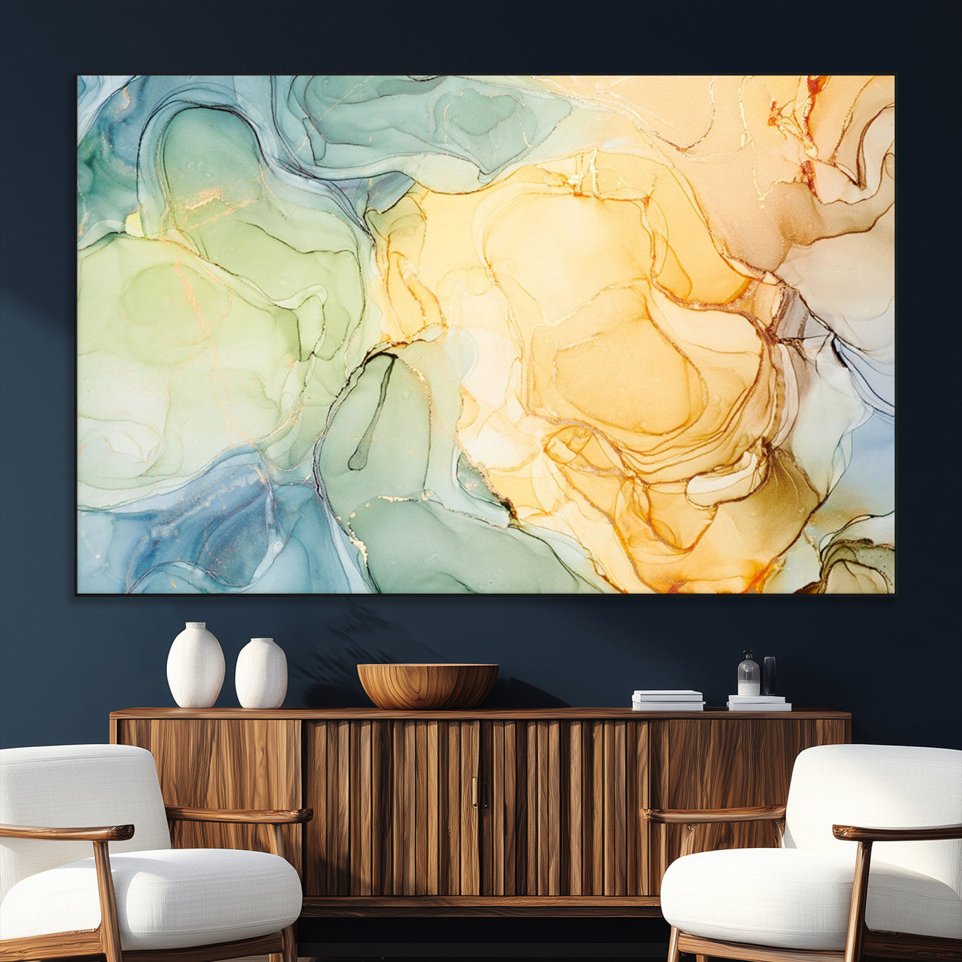 42195-MGV-CV-36X24-Green and Yellow Marble Fluid Effect Wall Art, Green and Yellow Marble Canvas Wall Art Print
