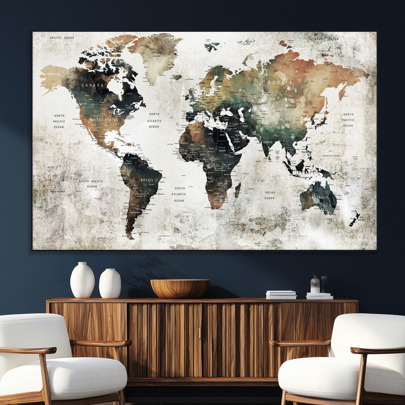 19444-MGV-CV-36X24-Push Pin World Map Canvas Print – Travel Tracker Wall Art for Couples, Perfect Anniversary Gift for Home or Office Decor