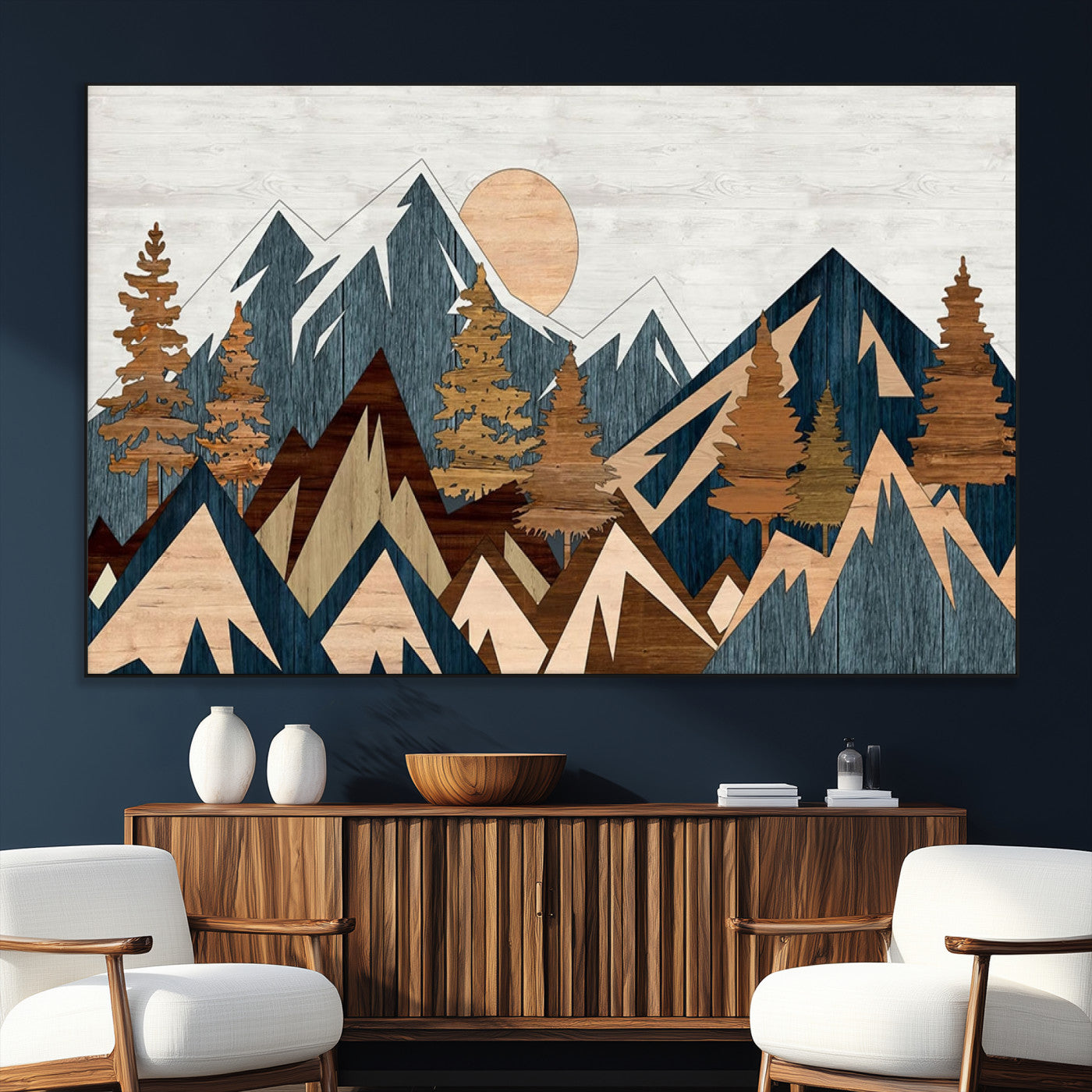 91467-MGV-CV-36X24-Abstract Wood Panel Effect Mountain Range Top Wall Art Canvas Print