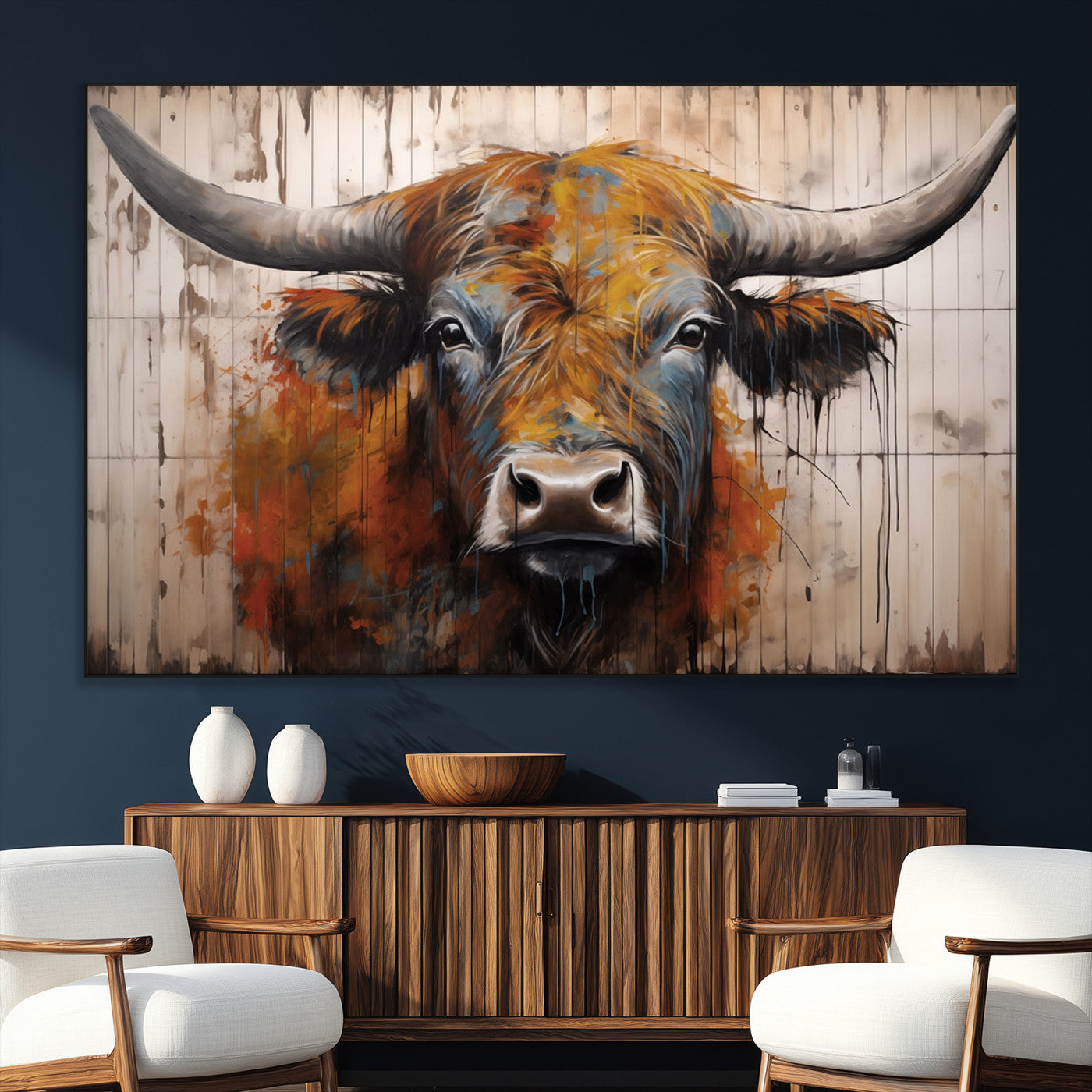 47284-MGV-CV-36X24-Scottish Highland Cow Cattle Art Print on Wood Style Background