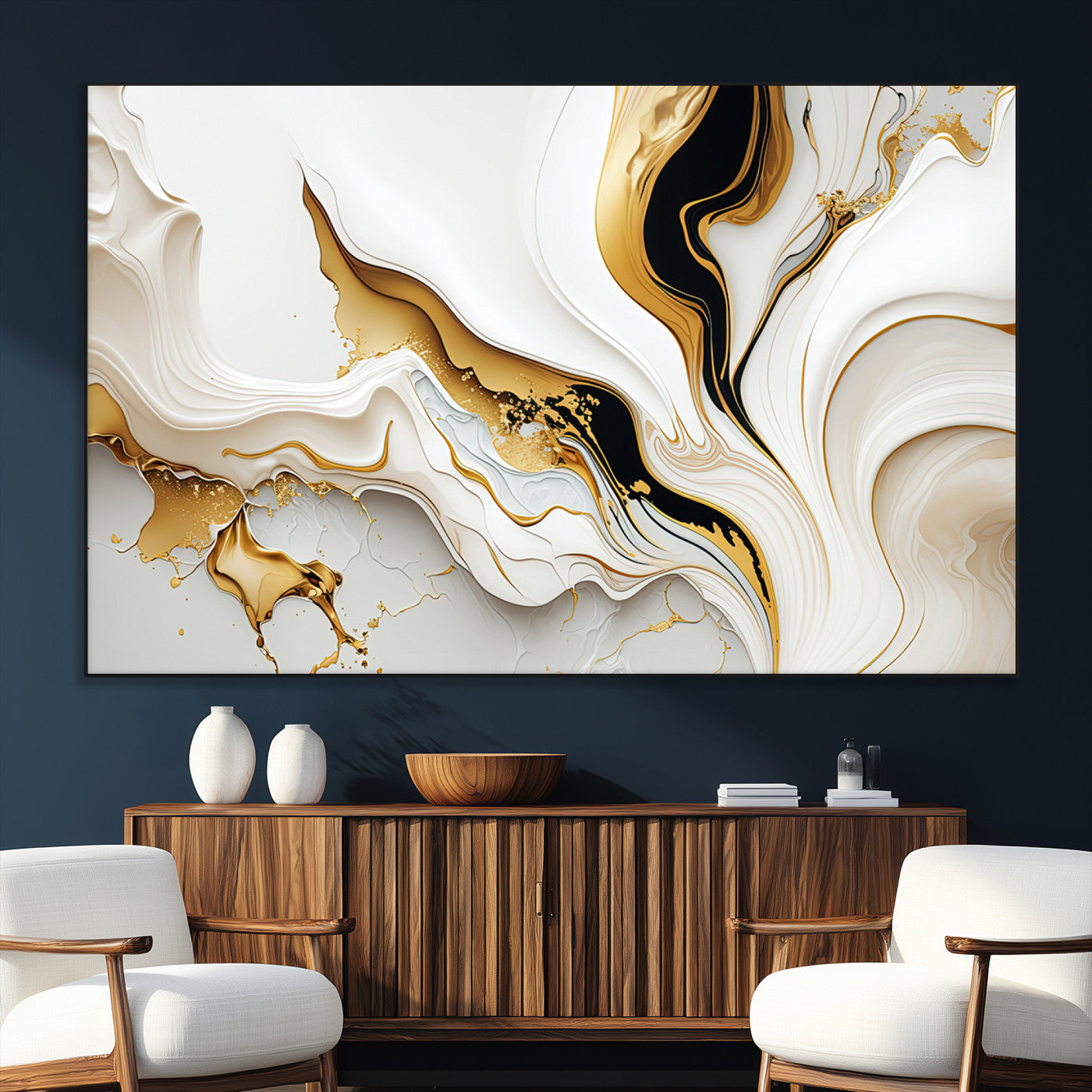 98637-MGV-CV-36X24-Gold Waves on Pure White Canvas – Gold Abstract Art for Modern Interiors | Wall Art Canvas, Framed &