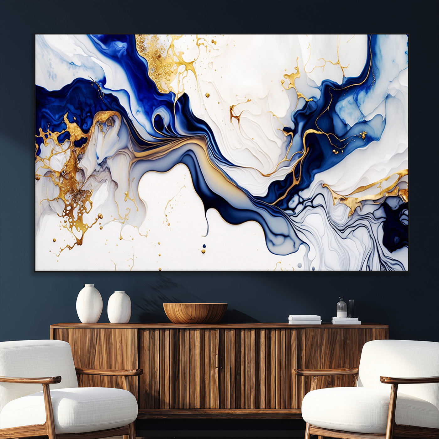 93392-MGV-CV-36X24-Golden Cascades on Midnight Blue – Deep Blue Abstract Wall Art Flowing Elegance | Wall Art Canvas,