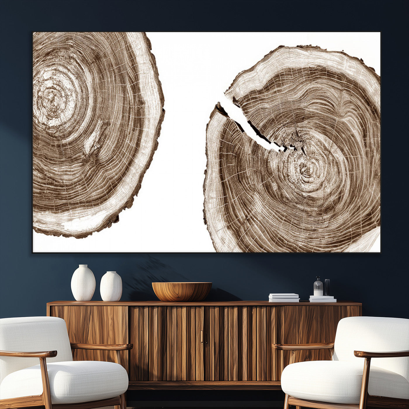 43743-MGV-CV-36X24-Wood Tree Ring Wall Art Canvas Prints, Tree Rings – Minimalist Black and White Wood Art | Triptych