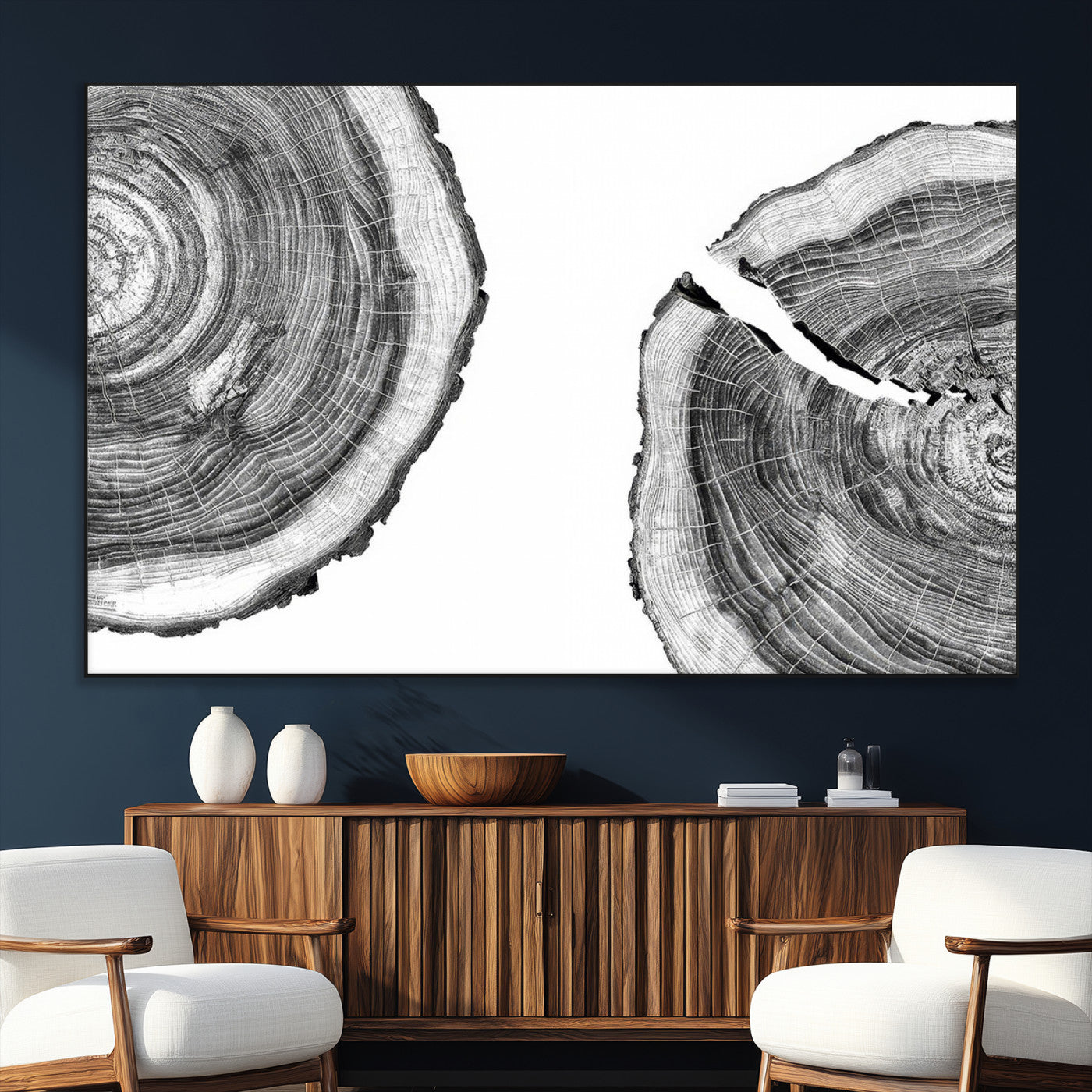 52770-MGV-CV-36X24-Abstract Large Tree Rings – Minimalist Black and White Wood Art | Triptych Canvas, Modern Wall Decor