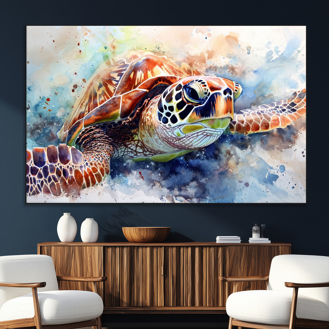 25935-MGV-CV-36X24-Watercolor Sea Turtle Wall Art Canvas Print - Vibrant Ocean Colors in Watercolor Style - Ready to