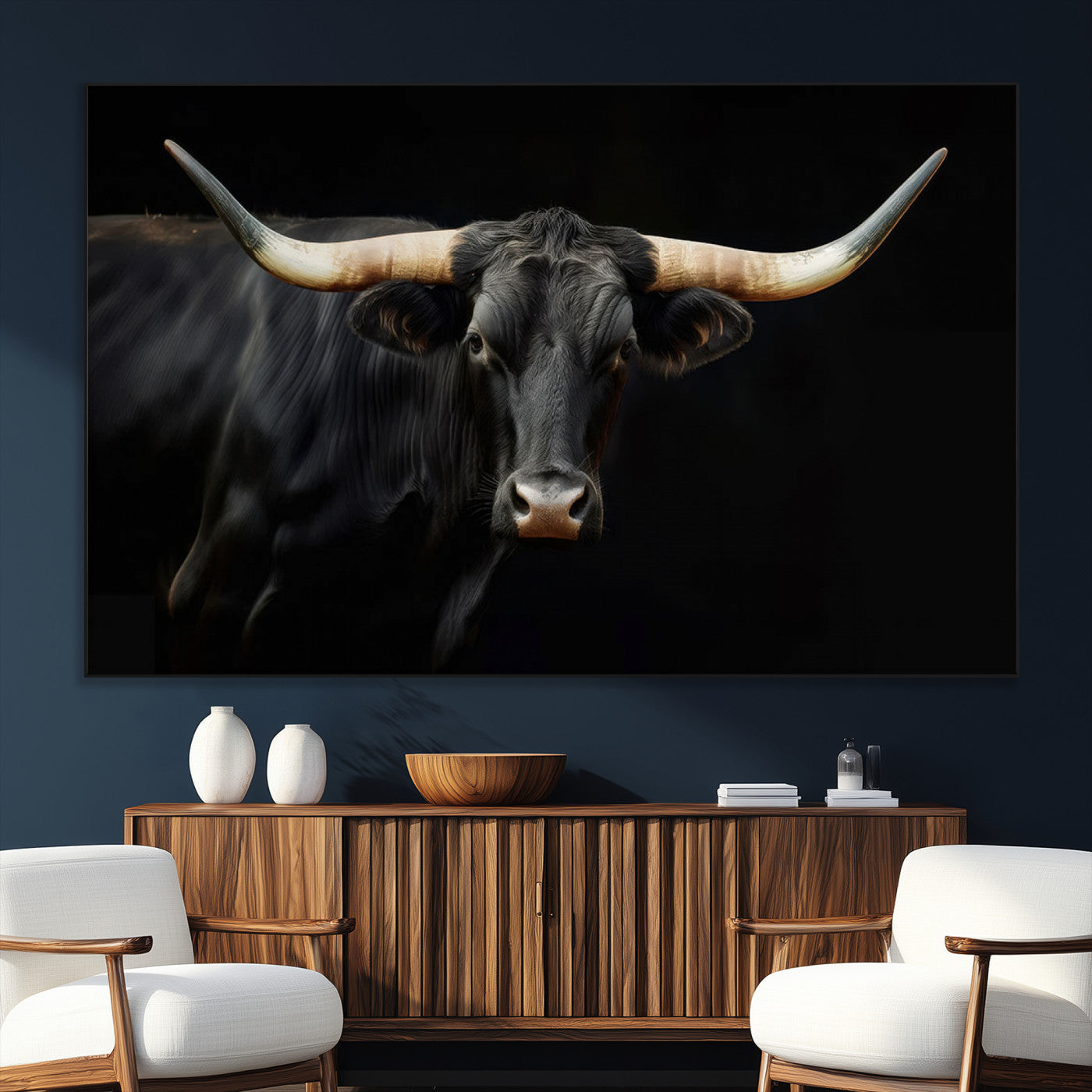 63798-MGV-CV-36X24-Black Bull Wall Art – Majestic Longhorn Canvas Print with Dark Background, Rustic Western Farmhouse Decor for Living Room or Office