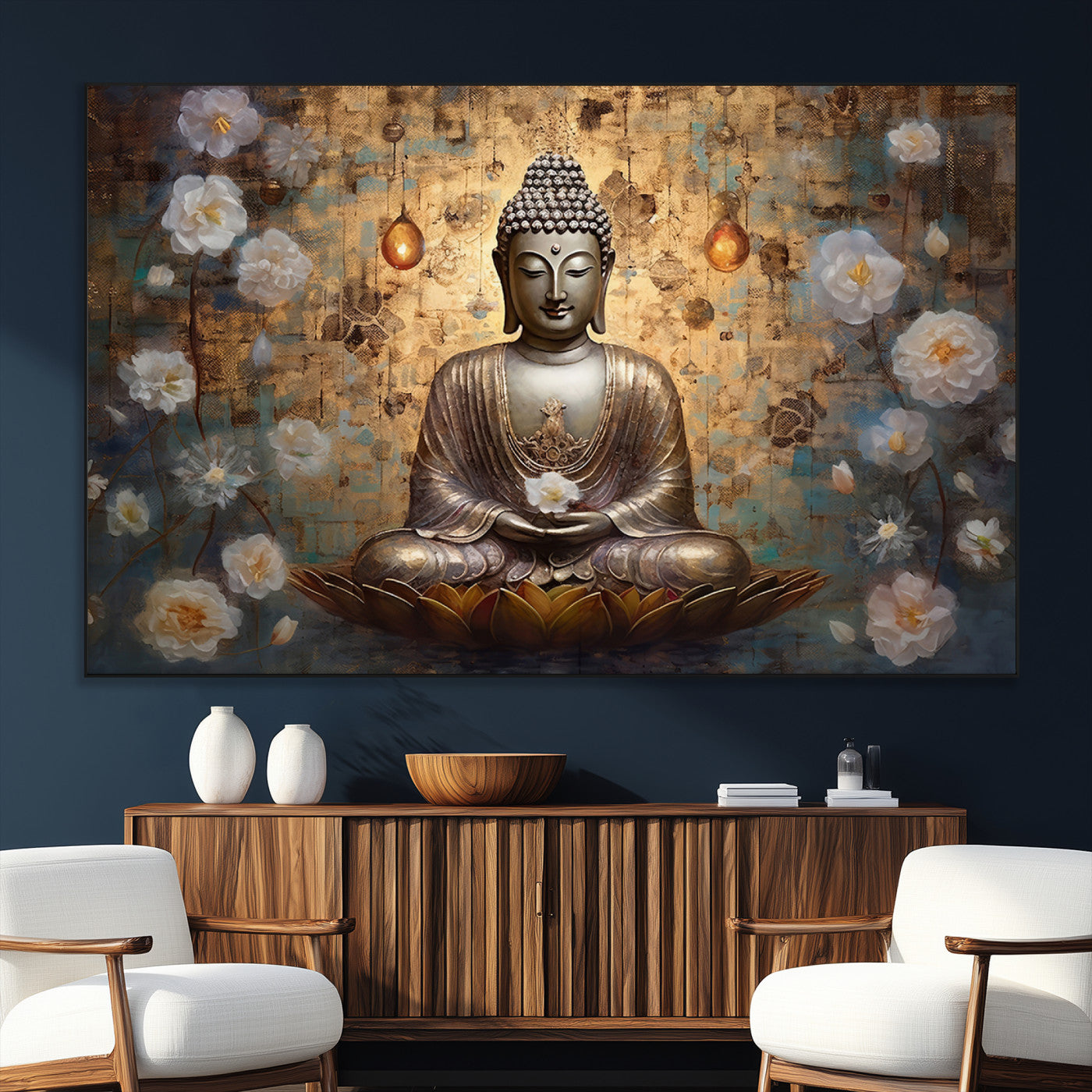 59678-SEG-FC-51X34_Oversize_Oversize-Golden Buddha Wall Art Canvas Print | Zen Meditation Floral Decor | Tranquil Spiritual Home Art |