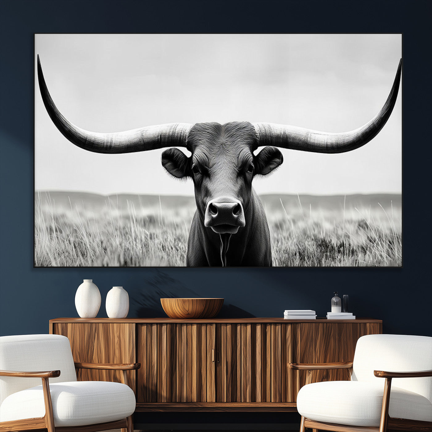 73780-SEG-FC-51X34_Oversize_Oversize-Longhorn Bull Canvas Print | Rustic Farmhouse Wall Art | Western Decor | Ready to Hang and Framed