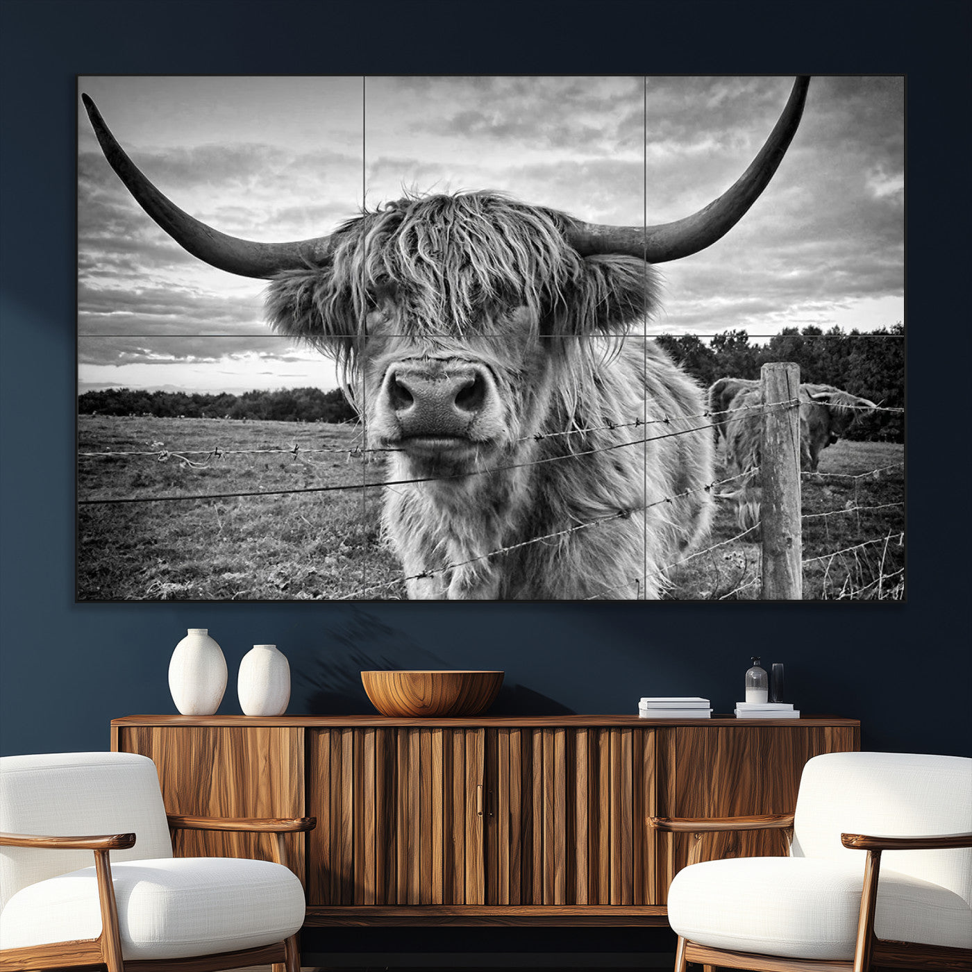 71937-MGV-CV-36X24-Scottish Highland Cow Canvas Wall Art Farmhouse Decor, Framed Scottish Highland Cow Print