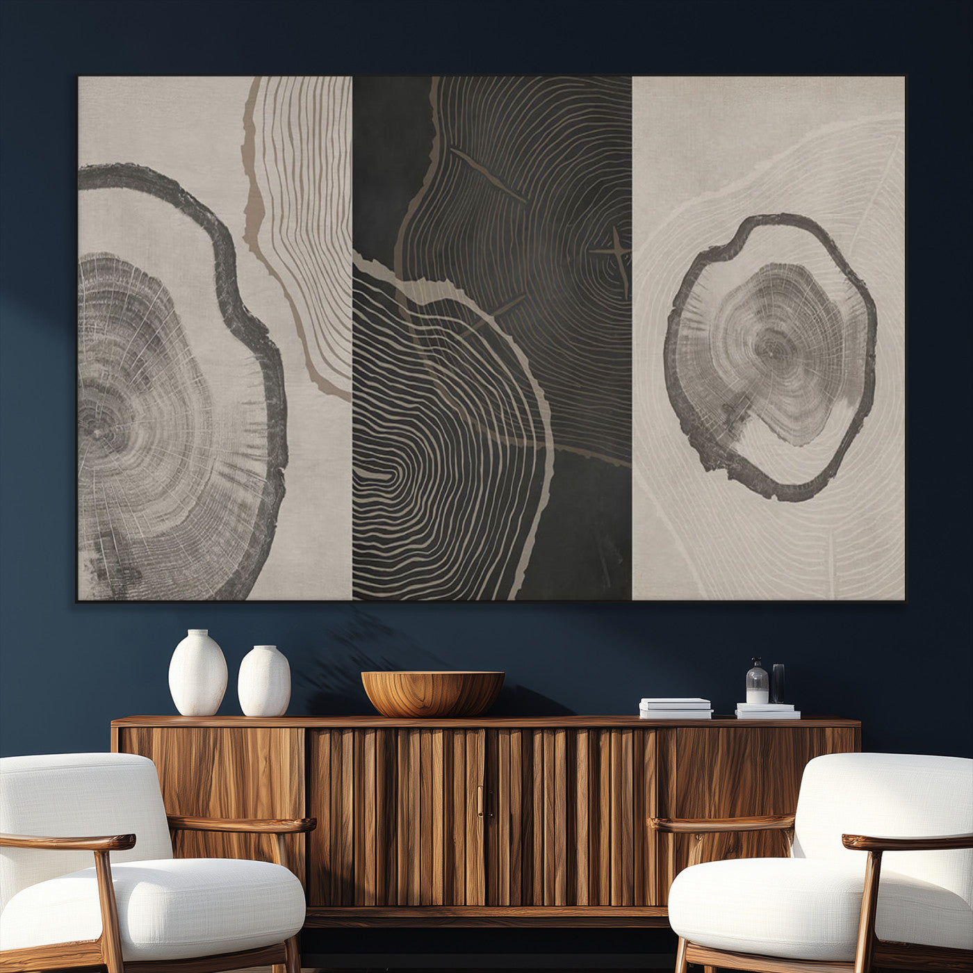 25407-MGV-CV-36X24-Modern Abstract Tree Ring Canvas Art Set | 3 Panel Large Tree Ring Design for Living Room, Office,