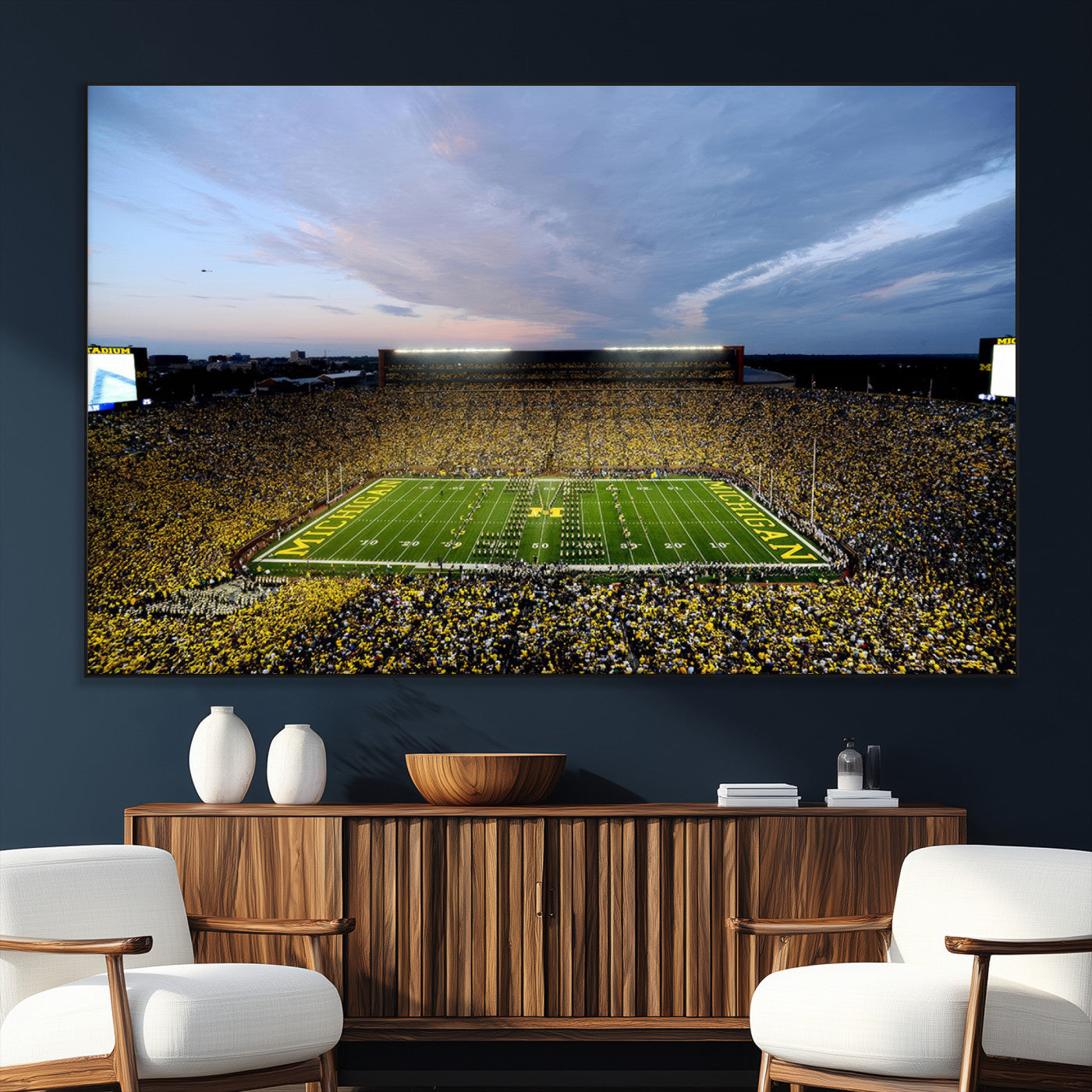 82641-MGV-CV-36X24-Michigan Stadium Wall Art Canvas Print – Framed Football Field Scene with Marching Band Artwork for Home, Office