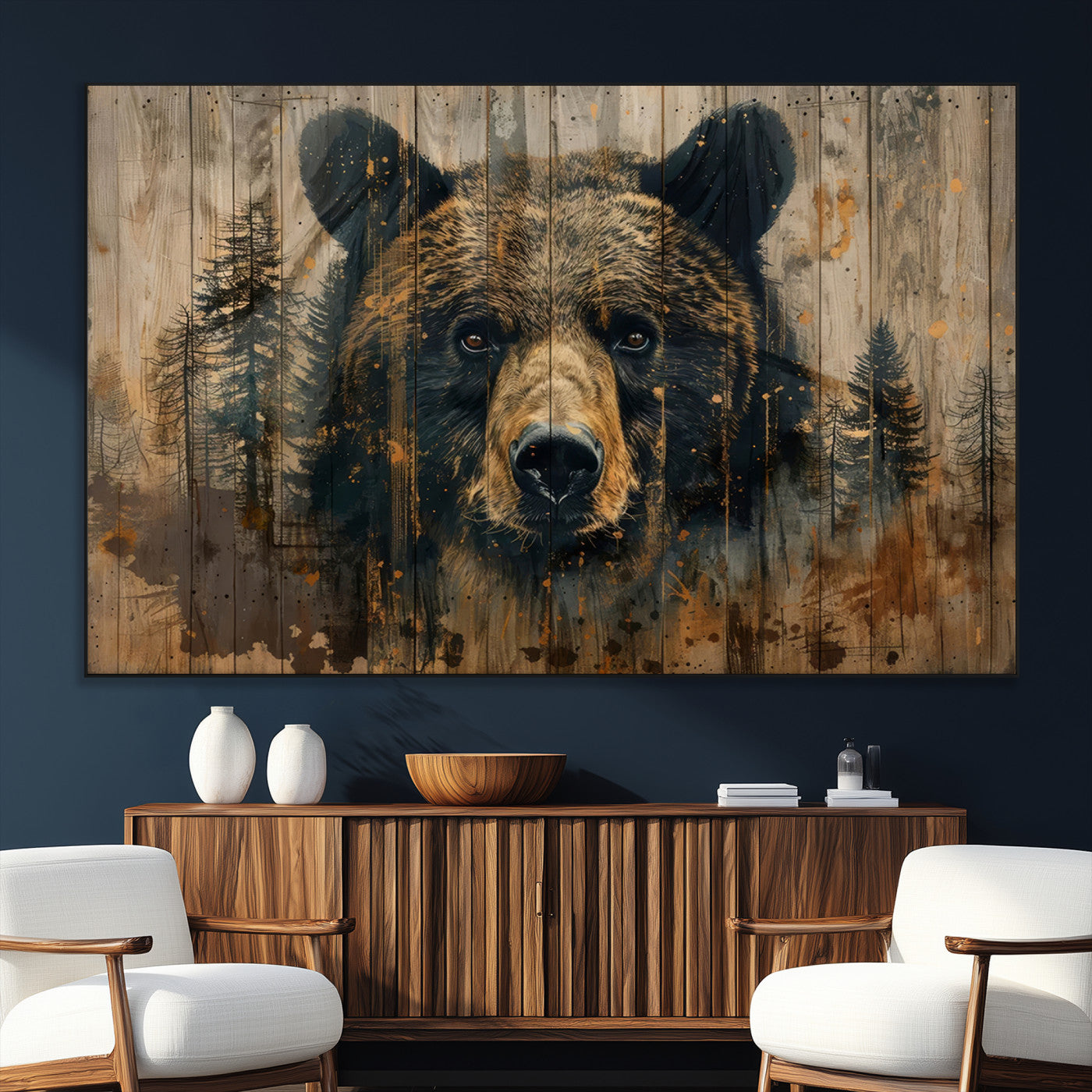 51373-MGV-CV-36X24-Abstract 399 Bear Wall Art | Rustic Cabin Wall Decor with Forest Design | Framed and Ready to Hang |