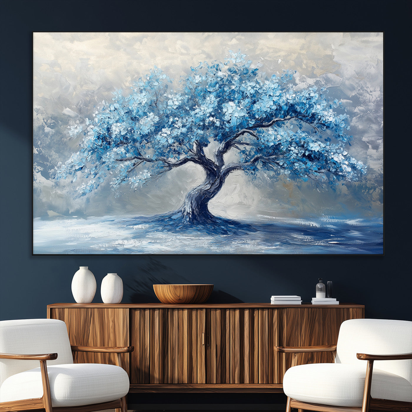 56105-MGV-CV-36X24-Abstract Blue Tree Art Canvas Print, Majestic Tree Wall Art Print for Farmhouse Decor