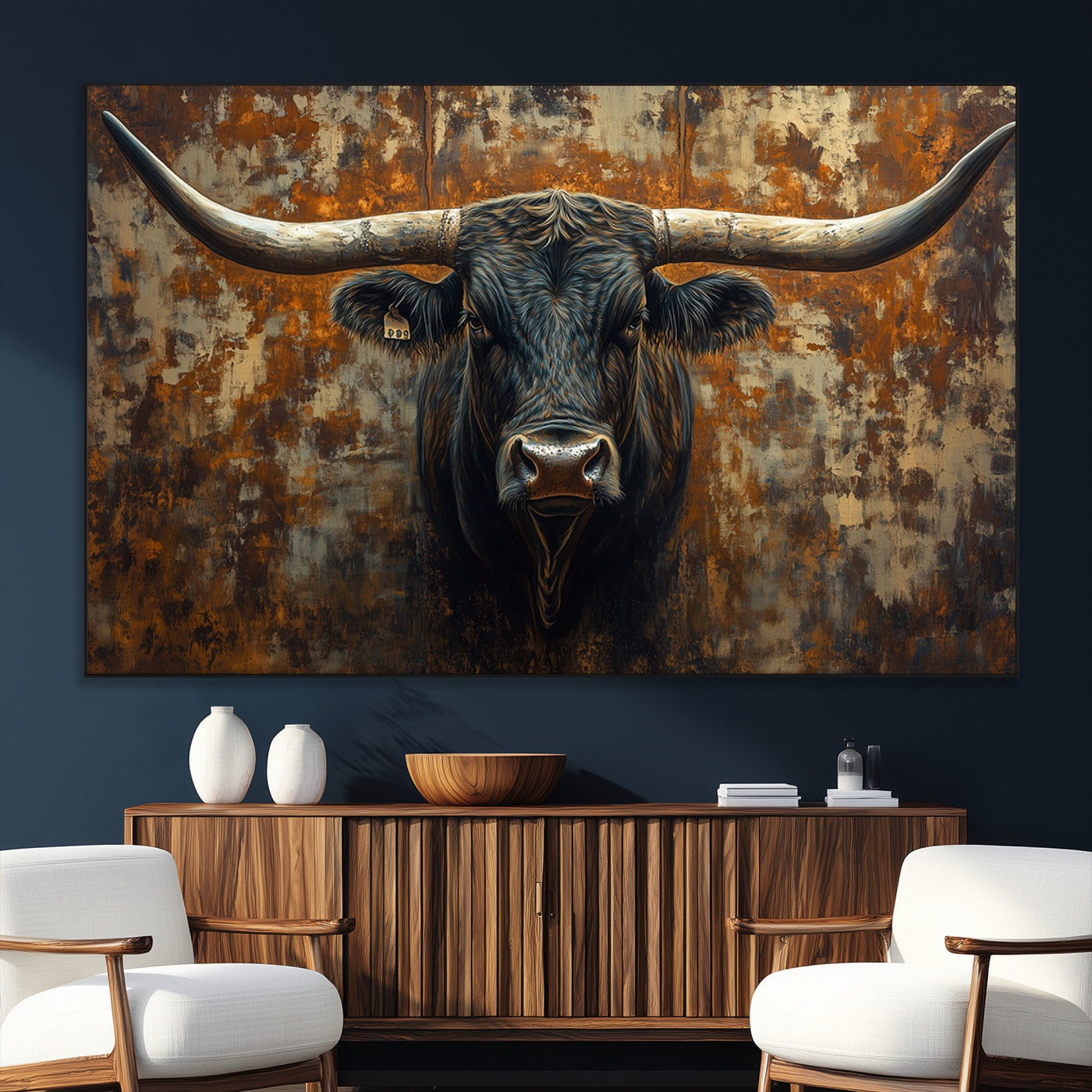 68068-MGV-CV-36X24-Longhorn Texas Cow Bull Wall Art | Rustic Farmhouse Canvas Print | Ready to Hang Barn Decor for