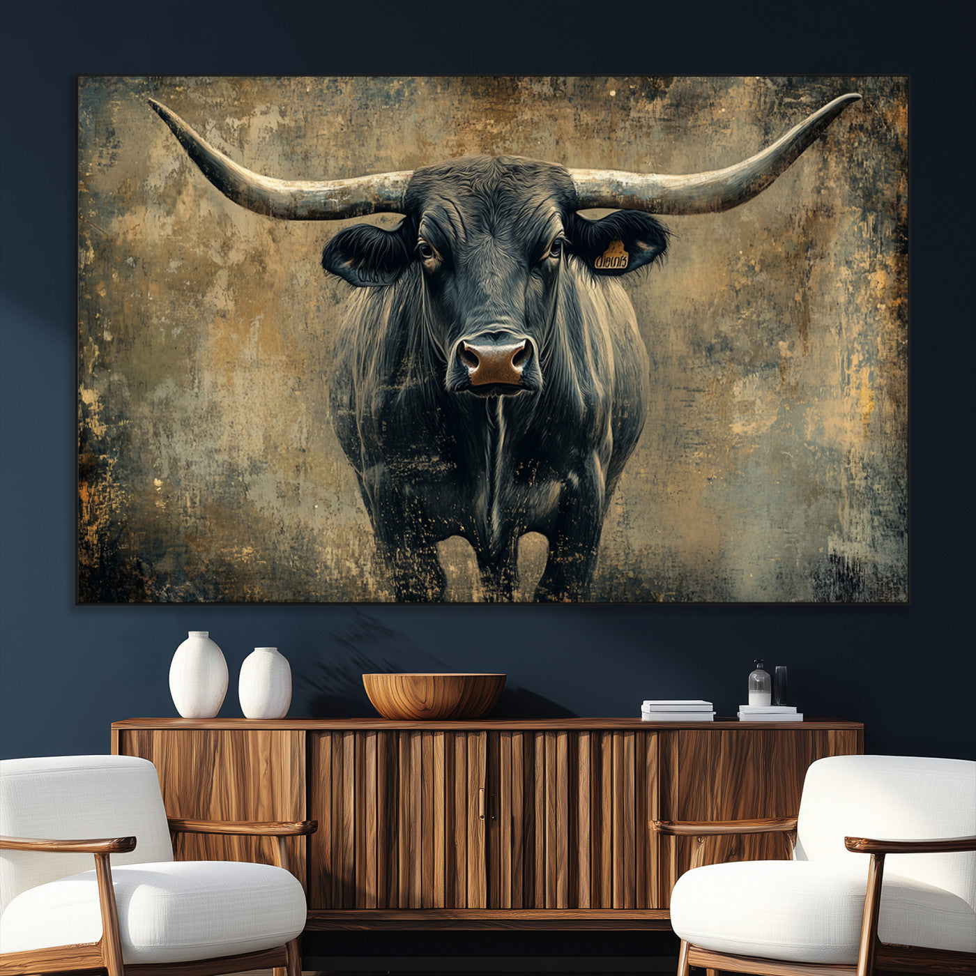 57385-MGV-CV-36X24-Texas Longhorn Bull Wall Art – Framed Rustic Cow Canvas Print, Western Farmhouse Decor Artwork for Living Room or Office