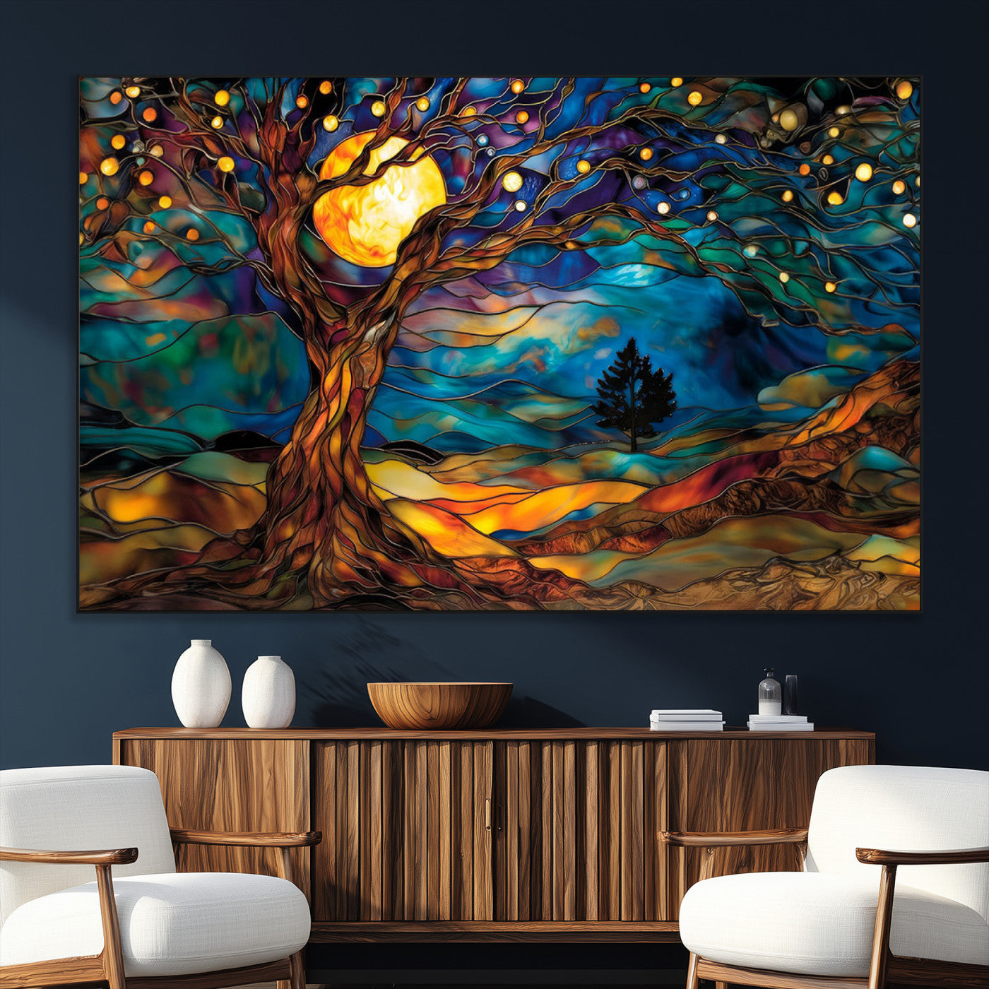 18319-MGV-CV-36X24-Tree of Life Wall Art - Yggdrasil Tree of Life Canvas Print - Vibrant Moonlit Tree Wall Art, Tree