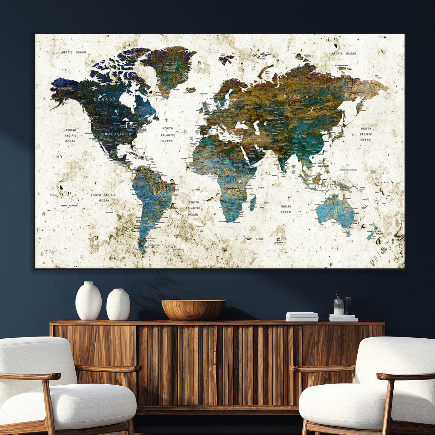 89176-MGV-CV-36X24-Vintage Blue and Brown World Map Canvas Wall Art – Framed Rustic Map Print, Earth Tone Travel Decor for Stylish Home and Office Walls