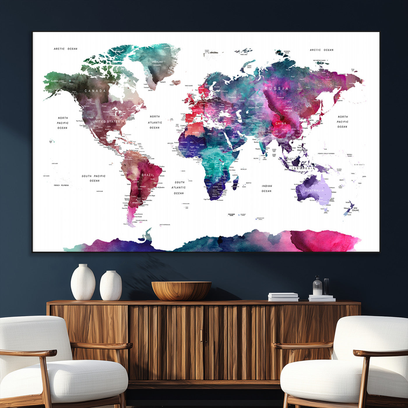 78176-MGV-CV-36X24-Colorful Watercolor World Map Canvas Wall Art – Framed Modern Map Print, Vibrant Travel Inspired Artwork for Home and Office Decor