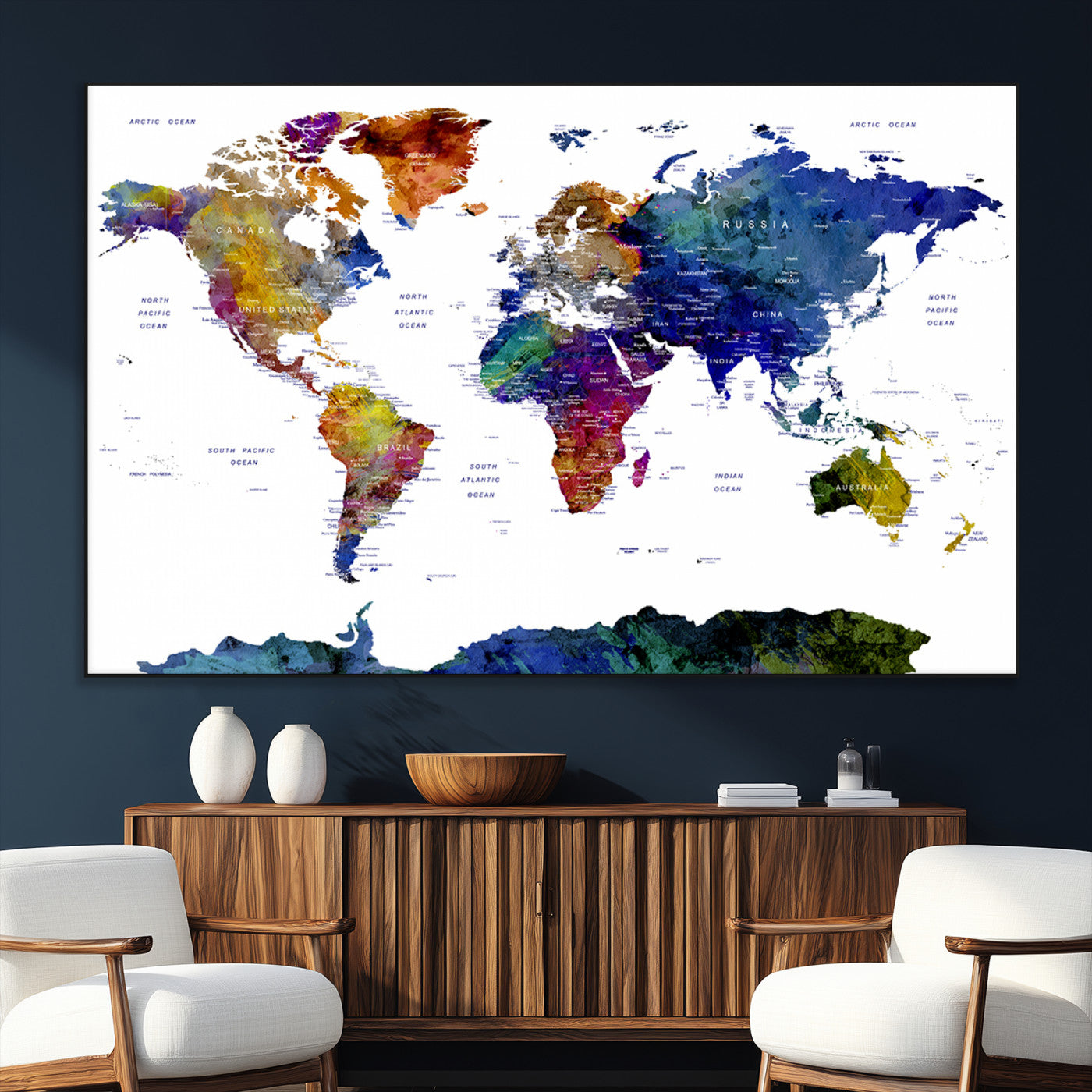90446-MGV-CV-36X24-Colorful Watercolor World Map Canvas Wall Art – Framed Modern Push Pin Travel Map for Home and Office Decor