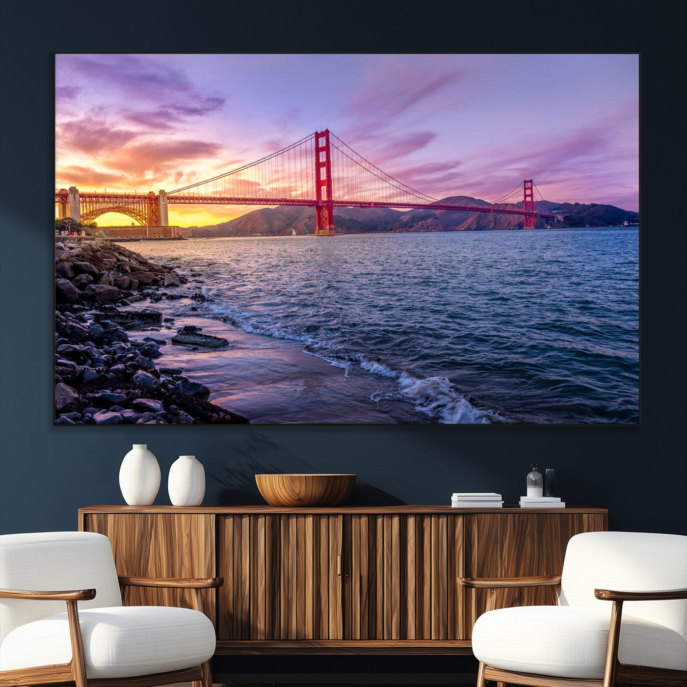 24256-MGV-CV-36X24 - Golden Gate Bridge Wall Art Print, San Francisco Sunset Canvas Wall Art, Cityscape Canvas Print for