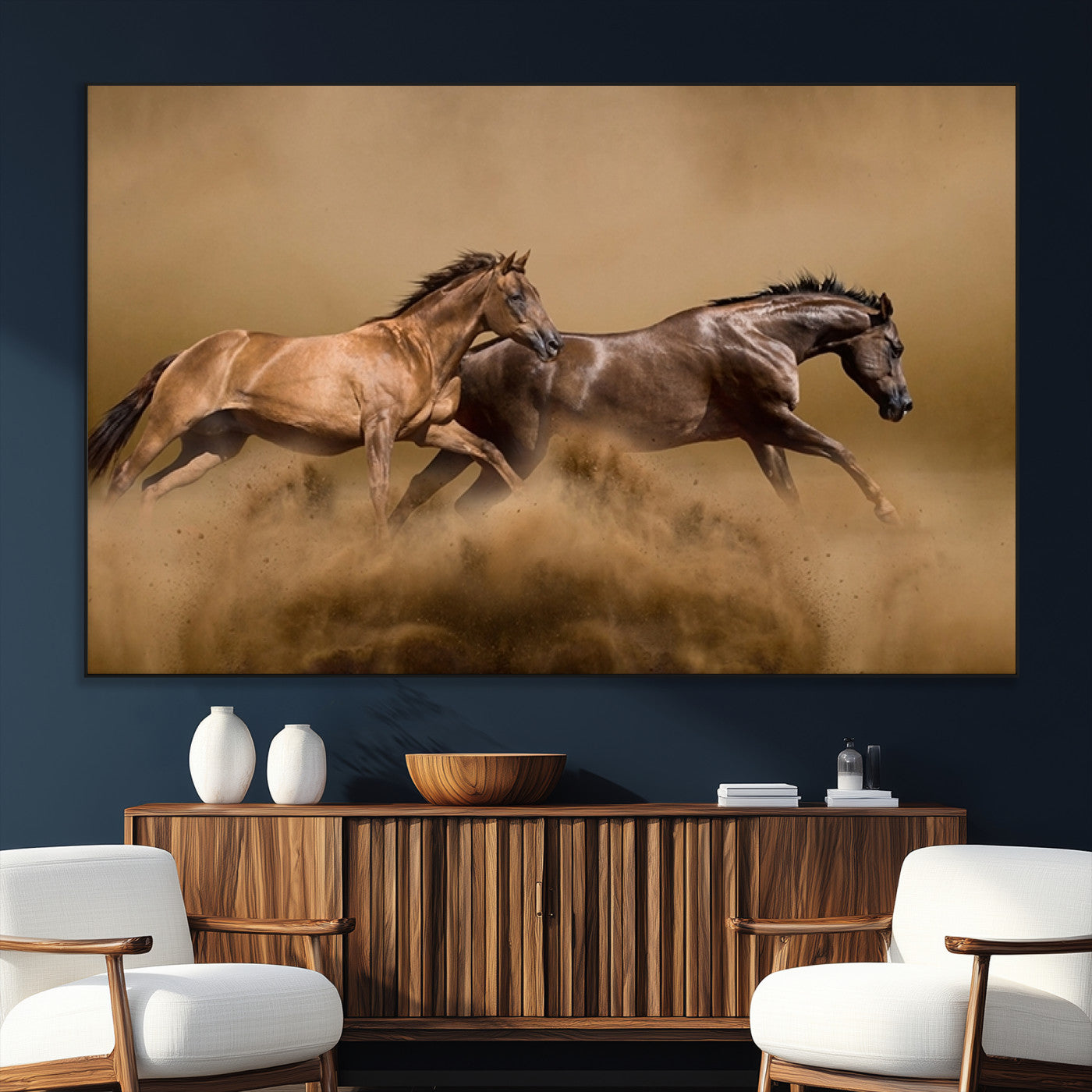 53721-MGV-CV-36X24-Large Wall Art Canvas Print – Two Running Brown Horses Motion Animal Artwork for Home, Office, Living Room Decor
