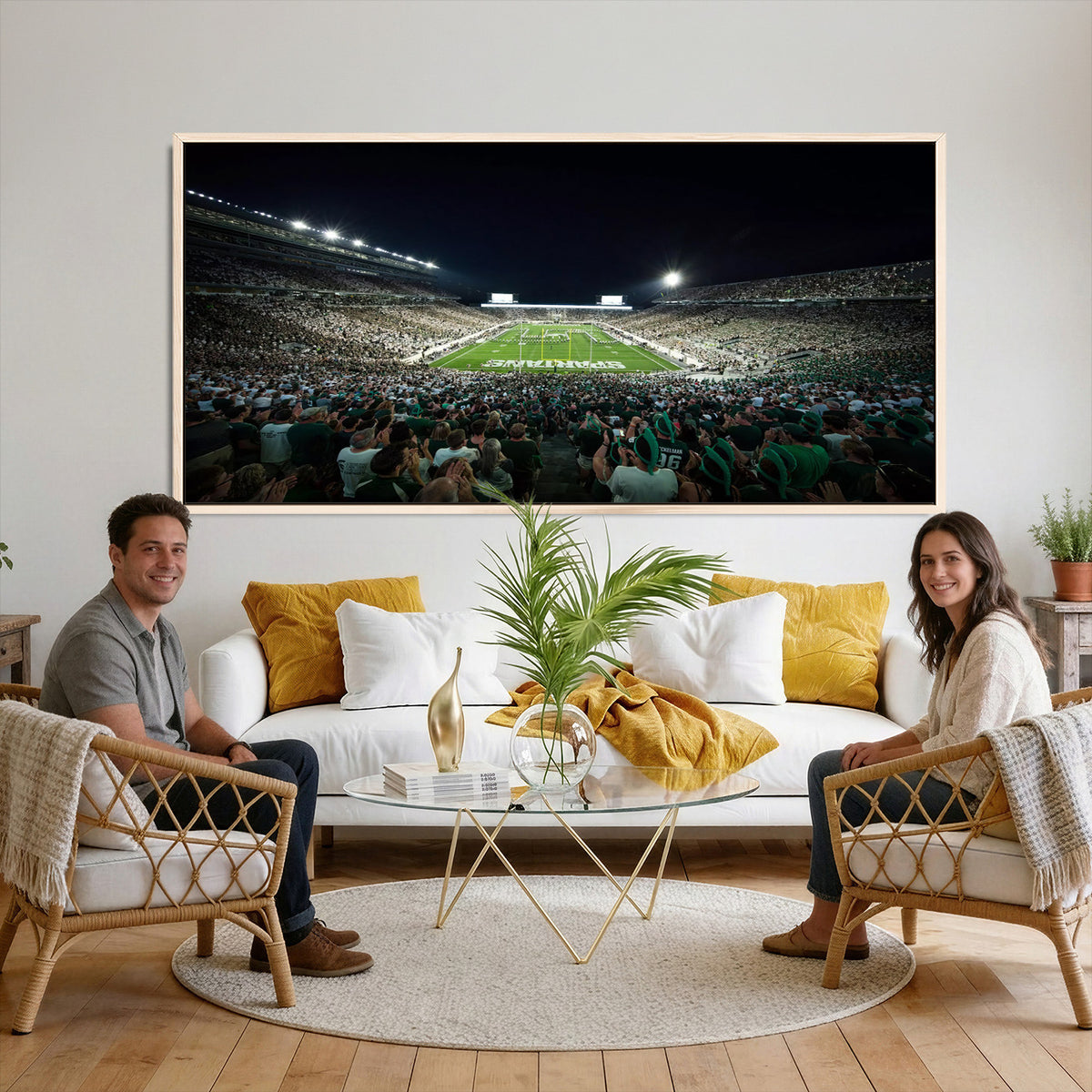 57523-PAN-FL-20X10 - Framed Michigan State Spartans Football Team Print - East Lansing Spartan Stadium Wall Art Canvas