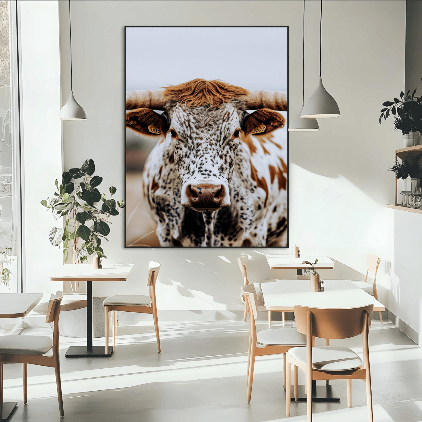-Texas Longhorn Wall Art Canvas Print, Framed Spotted Cow Art Picture Print, Horned Cattle Perfect Rustic Western Decor Artwork