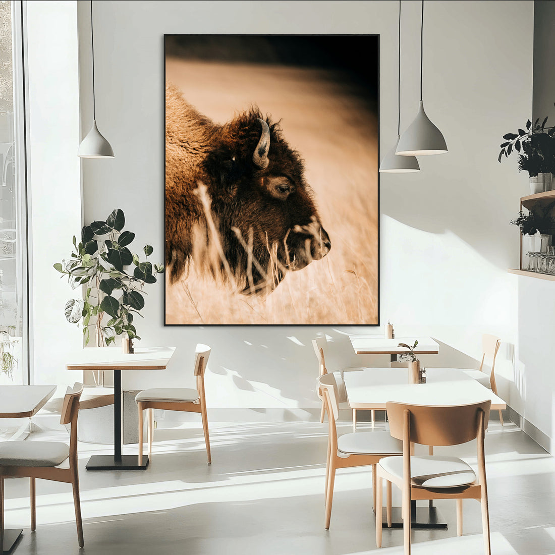 Bison Portrait Wall Art Canvas Print, Framed Western Landscape Art, Prairie Serenity Modern Ranch Decor