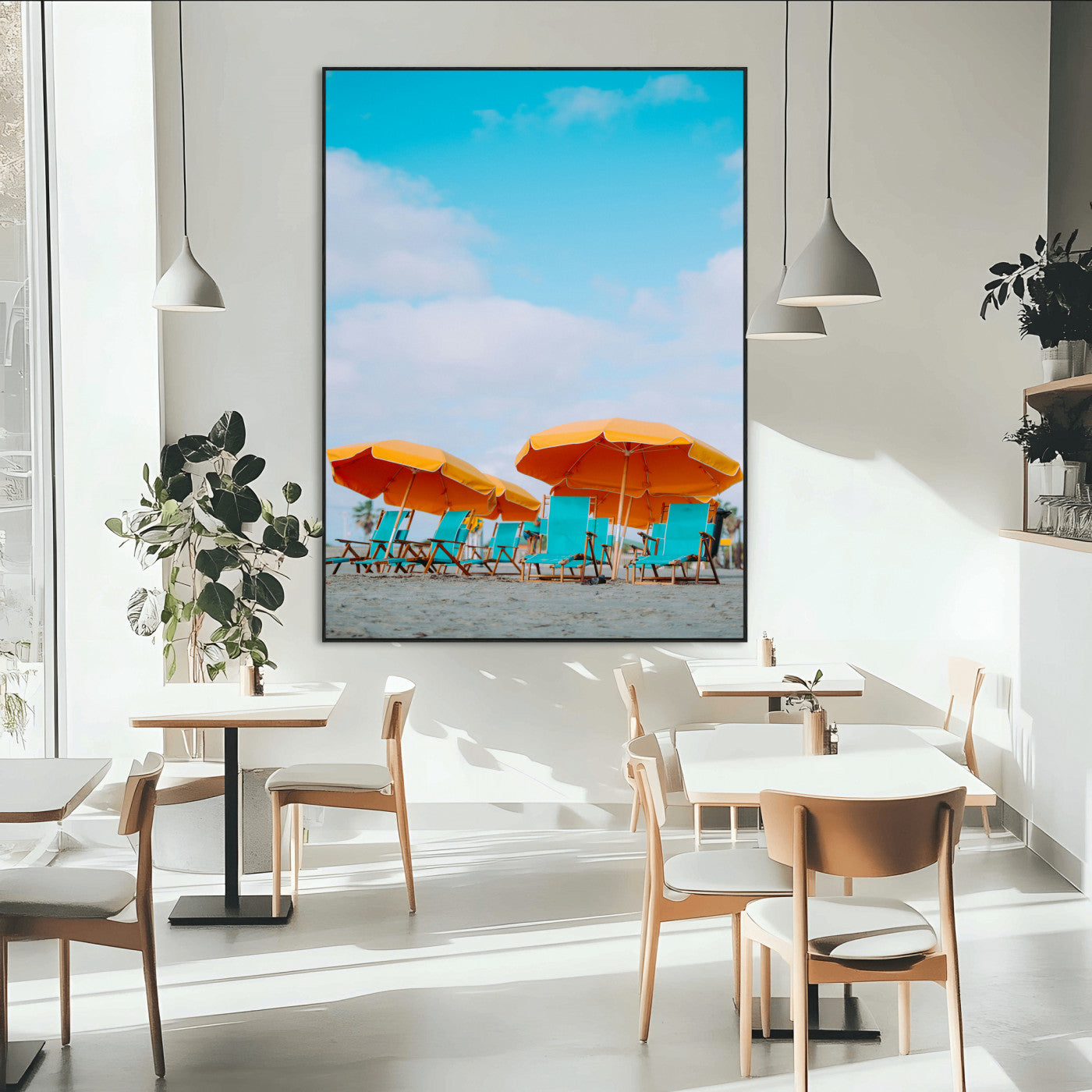 20422711-MGV-CV-24X36-Beach Umbrellas Wall Art Canvas Print – Framed Tropical Coastal Paradise Nature Scene Artwork for Home Office