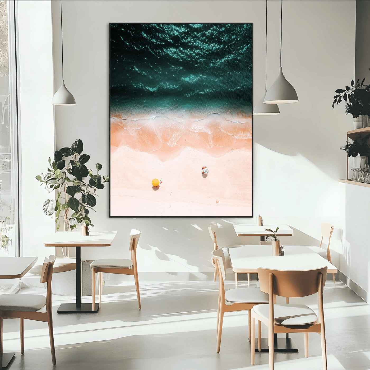44468317-MGV-CV-24X36-Aerial Serenity Wall Art Canvas Print – Gentle Waves Peach Shore Yellow Umbrella Peaceful Beach Coastal Decor Artwork for Home