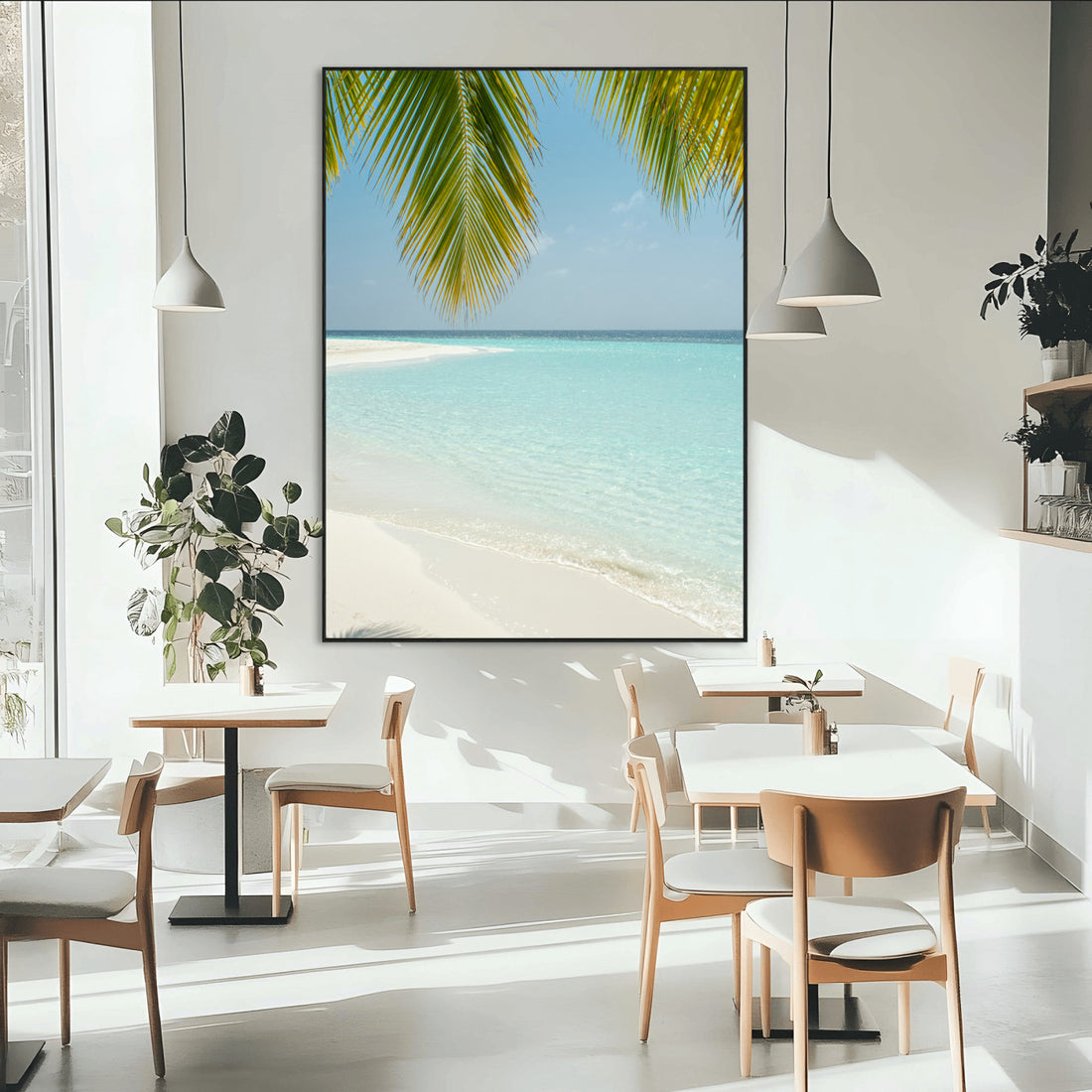 Azure Water Wall Art Canvas Print, Framed Tranquil Island Escape Art, Clear Blue Ocean Coastal Decor