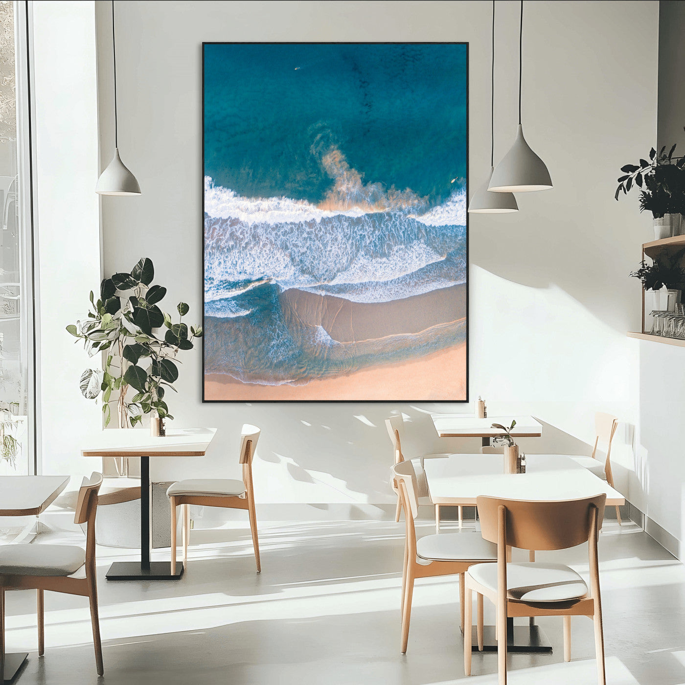 97740681-MGV-CV-24X36-Aerial Beach View Wall Art Canvas Print – Framed Ocean Waves Coastal Serenity Minimalist Seascape Artwork for Home, Office