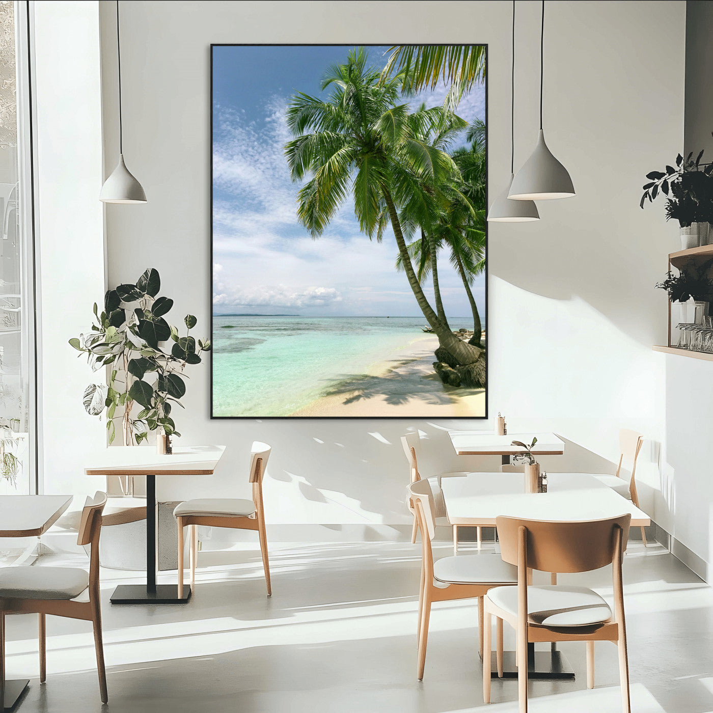 80489589-MGV-CV-24X36-Tropical Beach Palm Trees Canvas Print – Framed Island Coastal Wall Art Bright Ocean Horizon Photography for Home, Office
