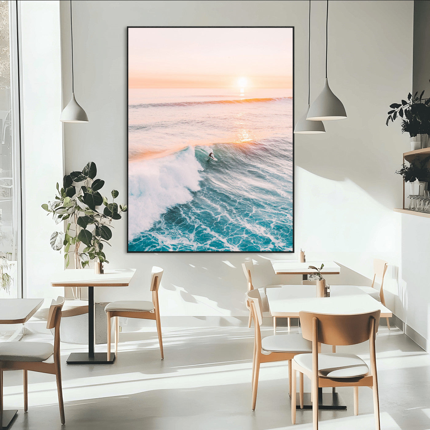 SEG-FC-51X34_Oversize - Sunset Surfing Canvas Wall Art – Framed Ocean Wave Surf Scene, Large Coastal Canvas for Beach House,