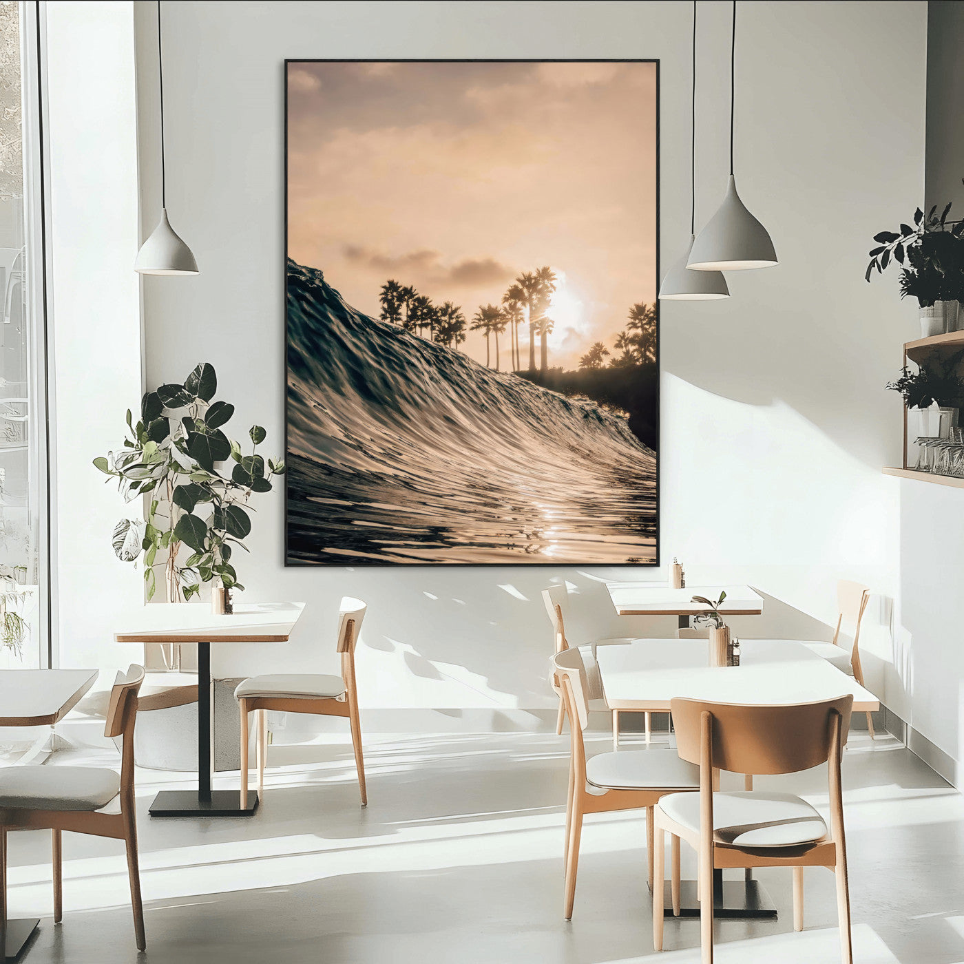 SEG-FC-51X34_Oversize - Sunset Wave Ocean Canvas Wall Art – Coastal Palm Trees, Surfing Beach Landscape, Large Tropical