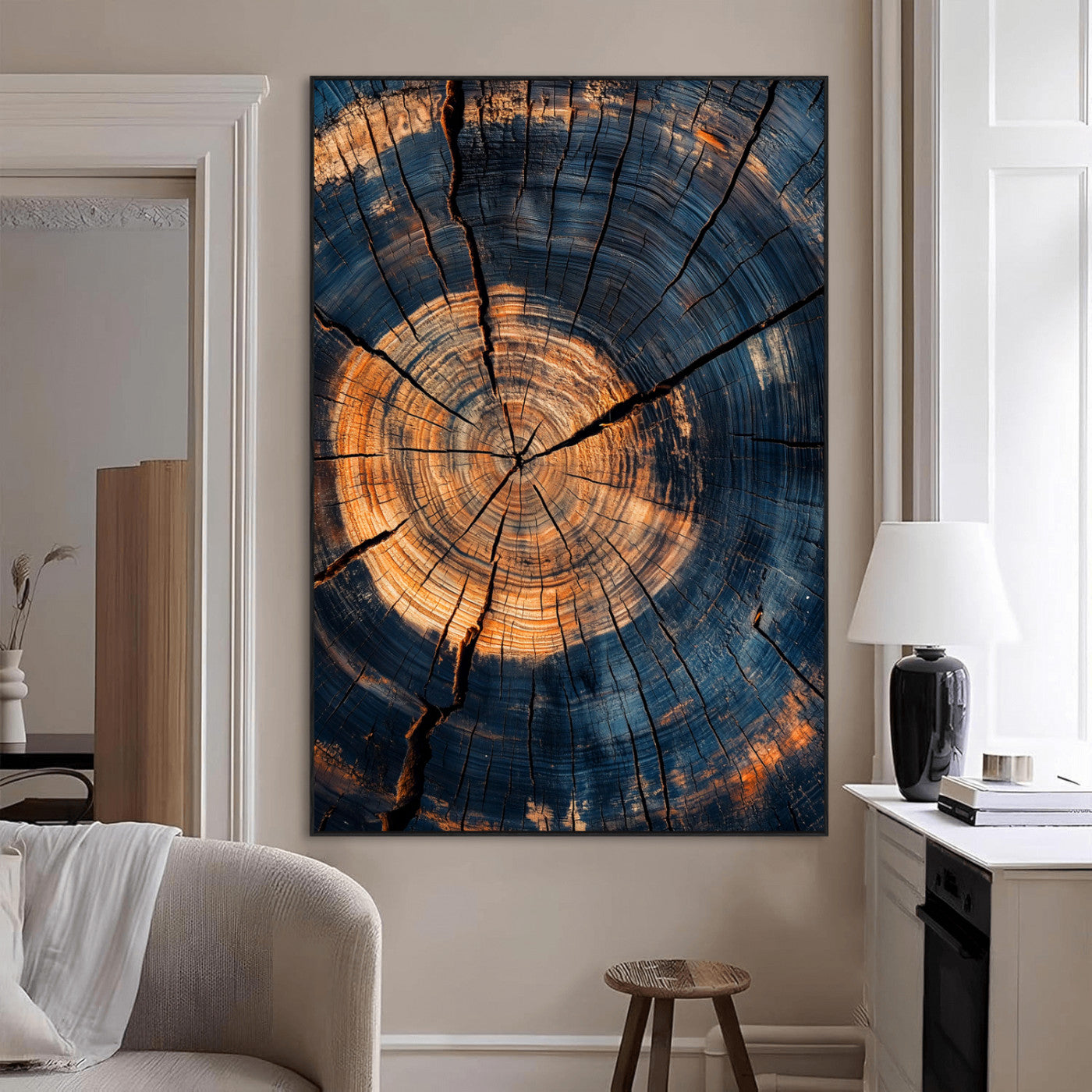 32486414-MGV-CV-24X36-Tree Rings Wall Art Canvas Print – Framed Rustic Wood Grain Texture Industrial Natural Artwork for Home Office