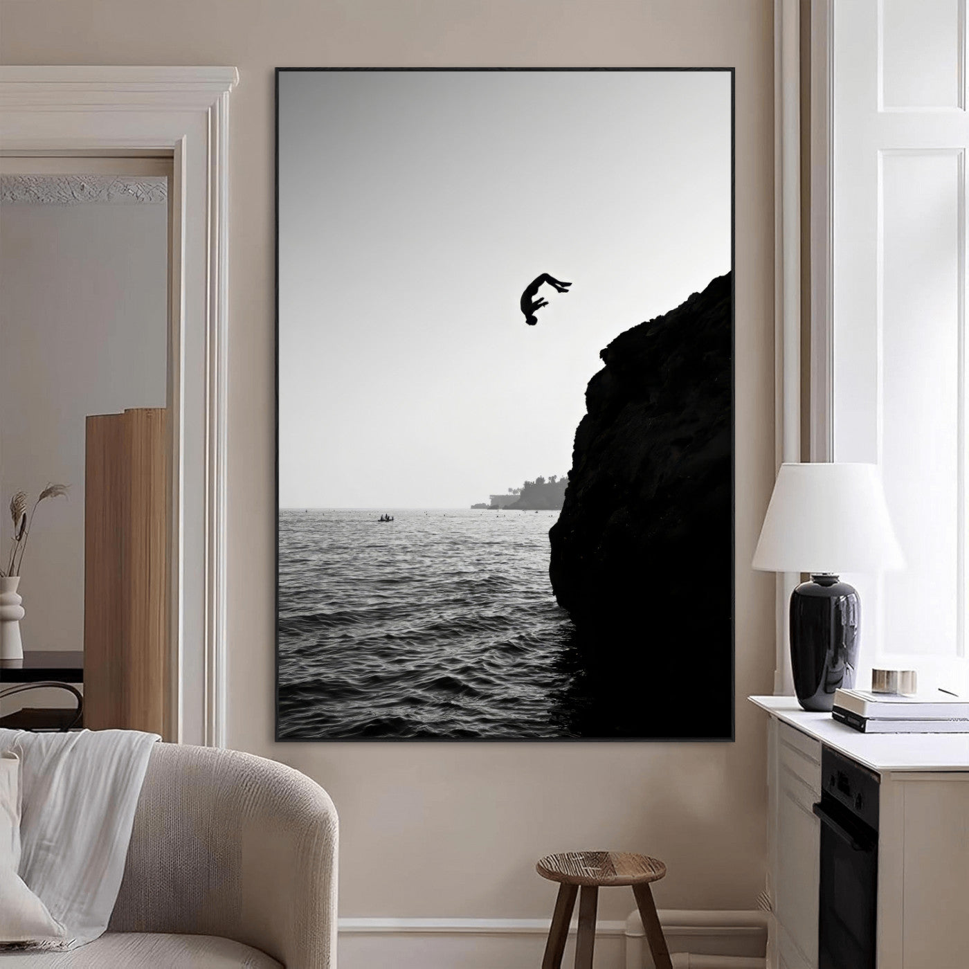 99497106-MGV-CV-24X36-Cliff Jumping Silhouette Wall Art Canvas Print – Framed Black White Ocean Monochrome Adventure Artwork for Home Office