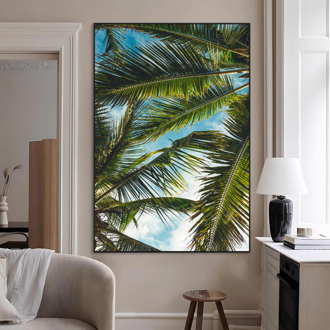 -Palm Leaves Wall Art Canvas Print – Framed Tropical Vibes Green Foliage Nature Scene Artwork for Home Office