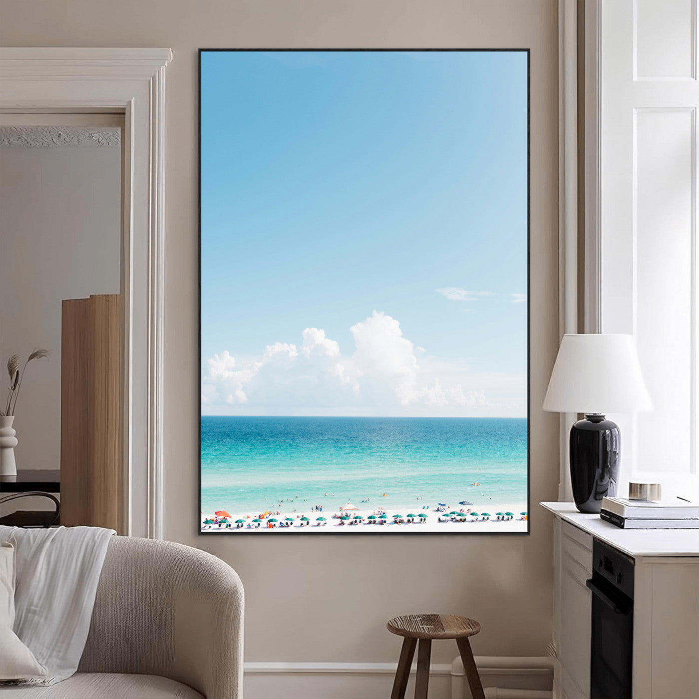 62954953-MGV-CV-24X36-Turquoise Ocean Wall Art Canvas Print – Framed Coastal Serenity White Sand Beach Artwork for Home Office