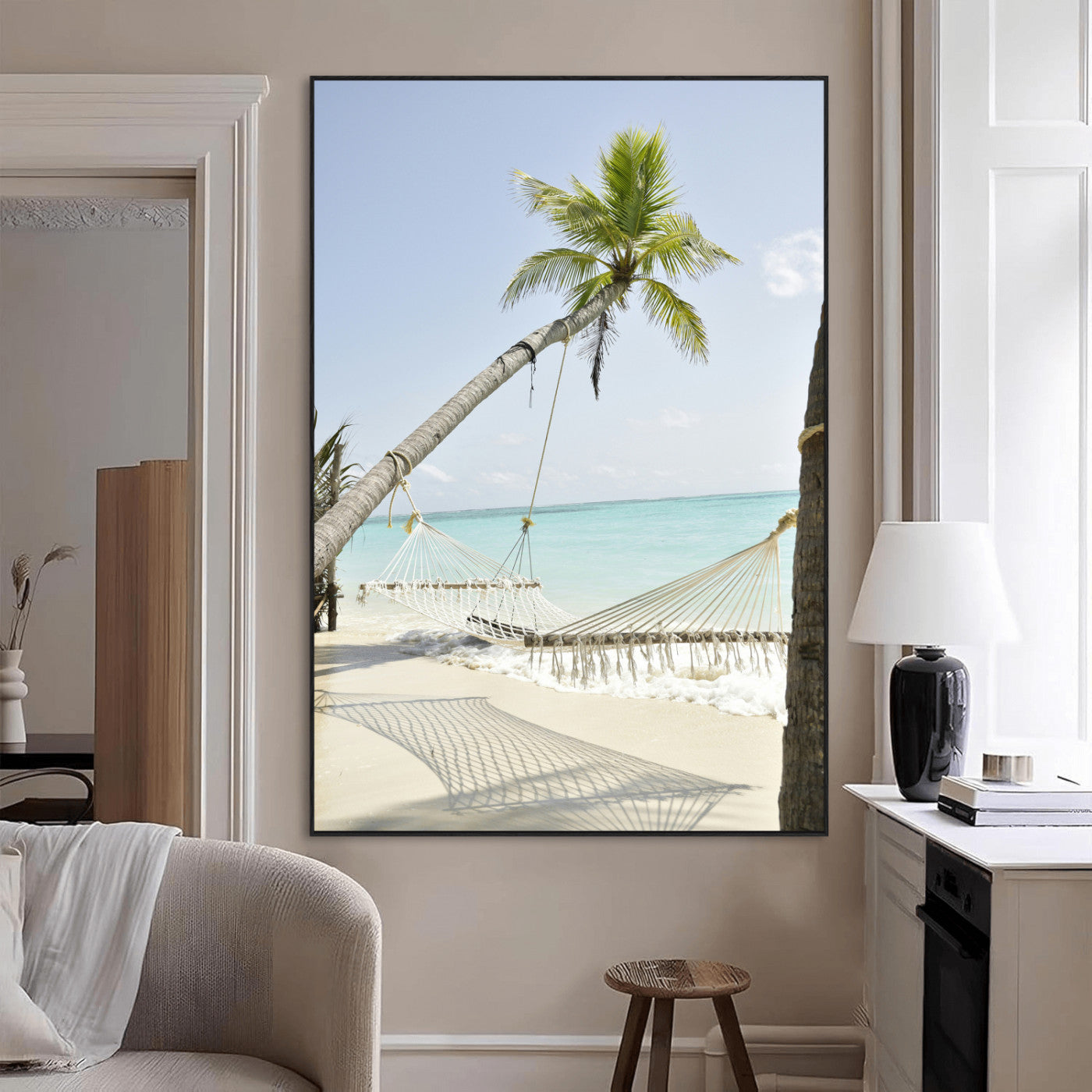 39927211-MGV-CV-24X36-Beach Hammock Wall Art Canvas Print – Framed Tropical Paradise Coastal Serenity Artwork for Home Office