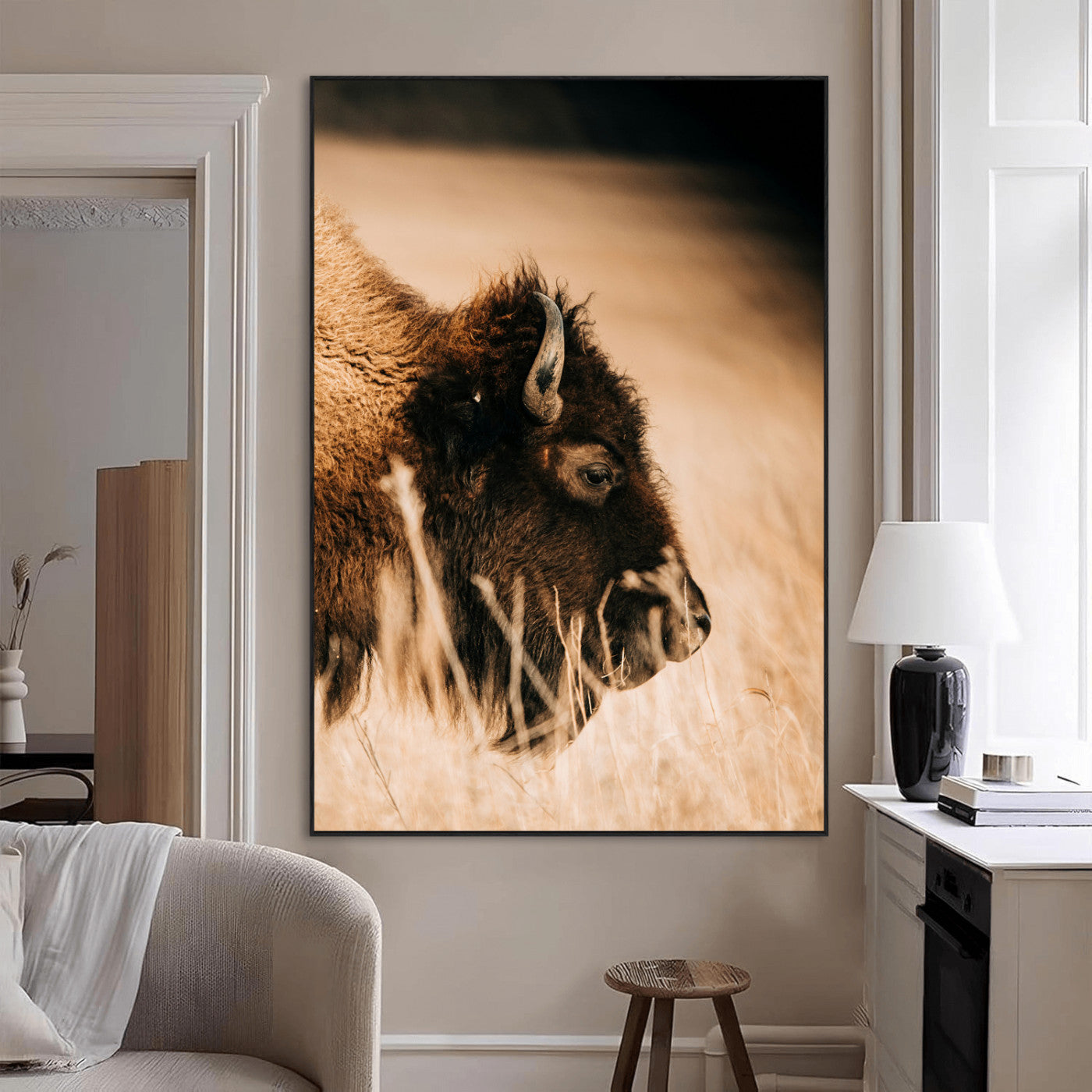 -Bison Portrait Wall Art Canvas Print – Framed Western Prairie Serenity Landscape Artwork for Home Office