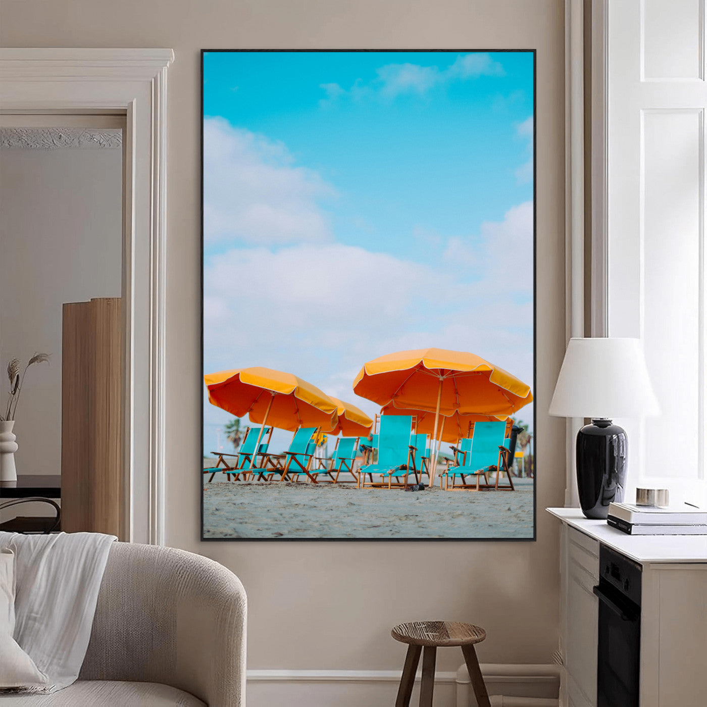 20422711-MGV-CV-24X36-Beach Umbrellas Wall Art Canvas Print – Framed Tropical Coastal Paradise Nature Scene Artwork for Home Office