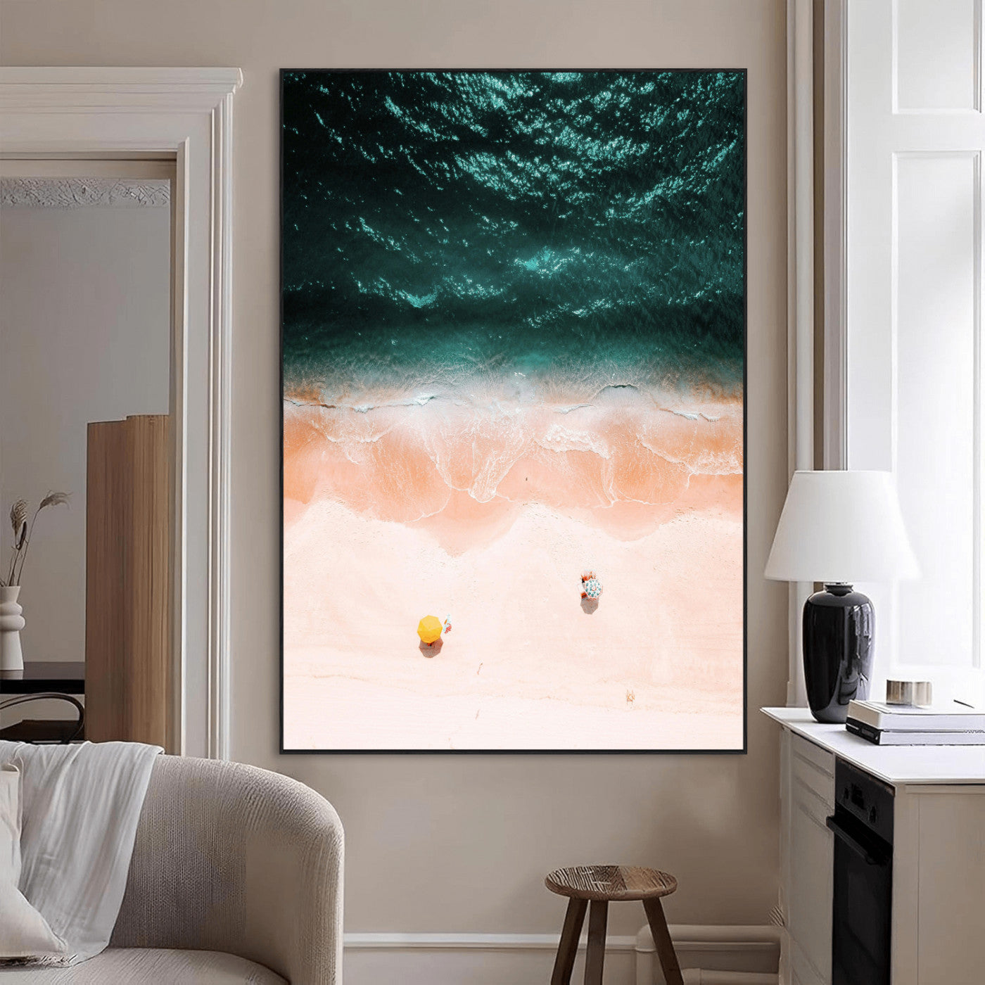 44468317-MGV-CV-24X36-Aerial Serenity Wall Art Canvas Print – Gentle Waves Peach Shore Yellow Umbrella Peaceful Beach Coastal Decor Artwork for Home